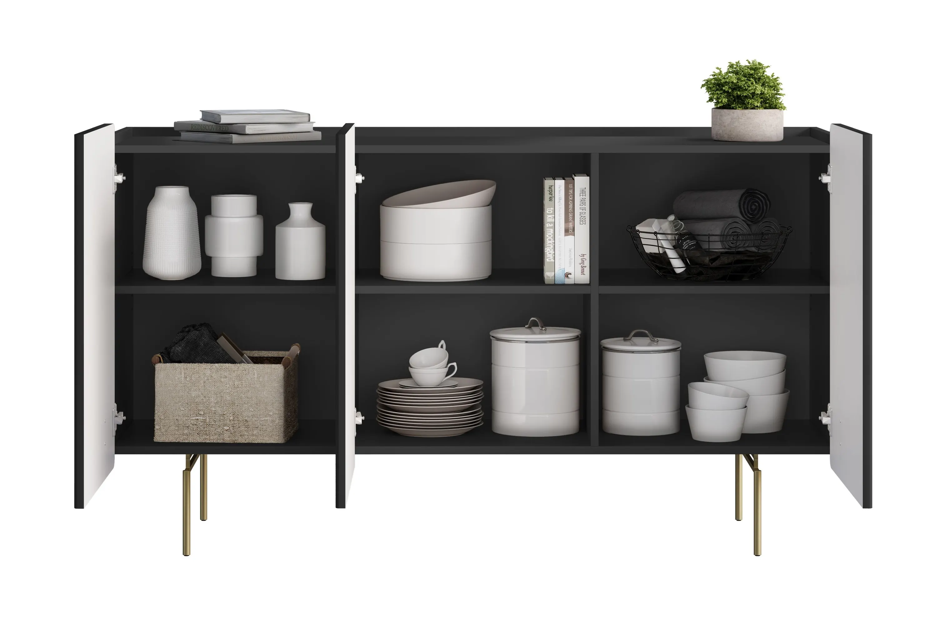 Komoda 3-drzwiowa MALMI 150cm - czarna złote nogi - B_166974