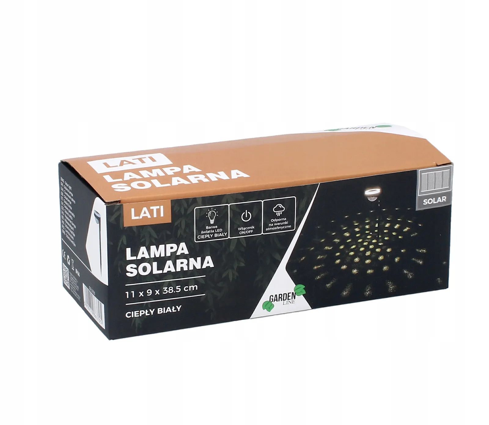 lampa solarna, lampka solarna, oprawa ogrodowa, ciepły biały, długość 11 x 9 x 38.5 cm