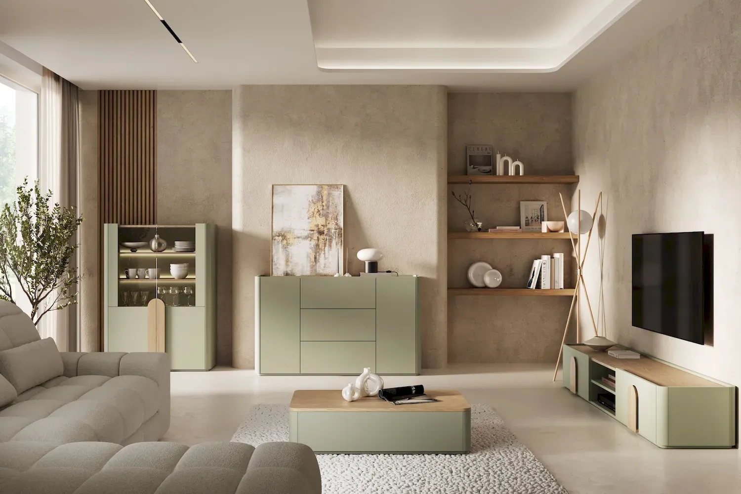 Witryna 2-drzwiowa AMILIO 100 oświetlenie LED - eukaliptus dąb baltic dune uchwyty dąb naturalny - B_167069