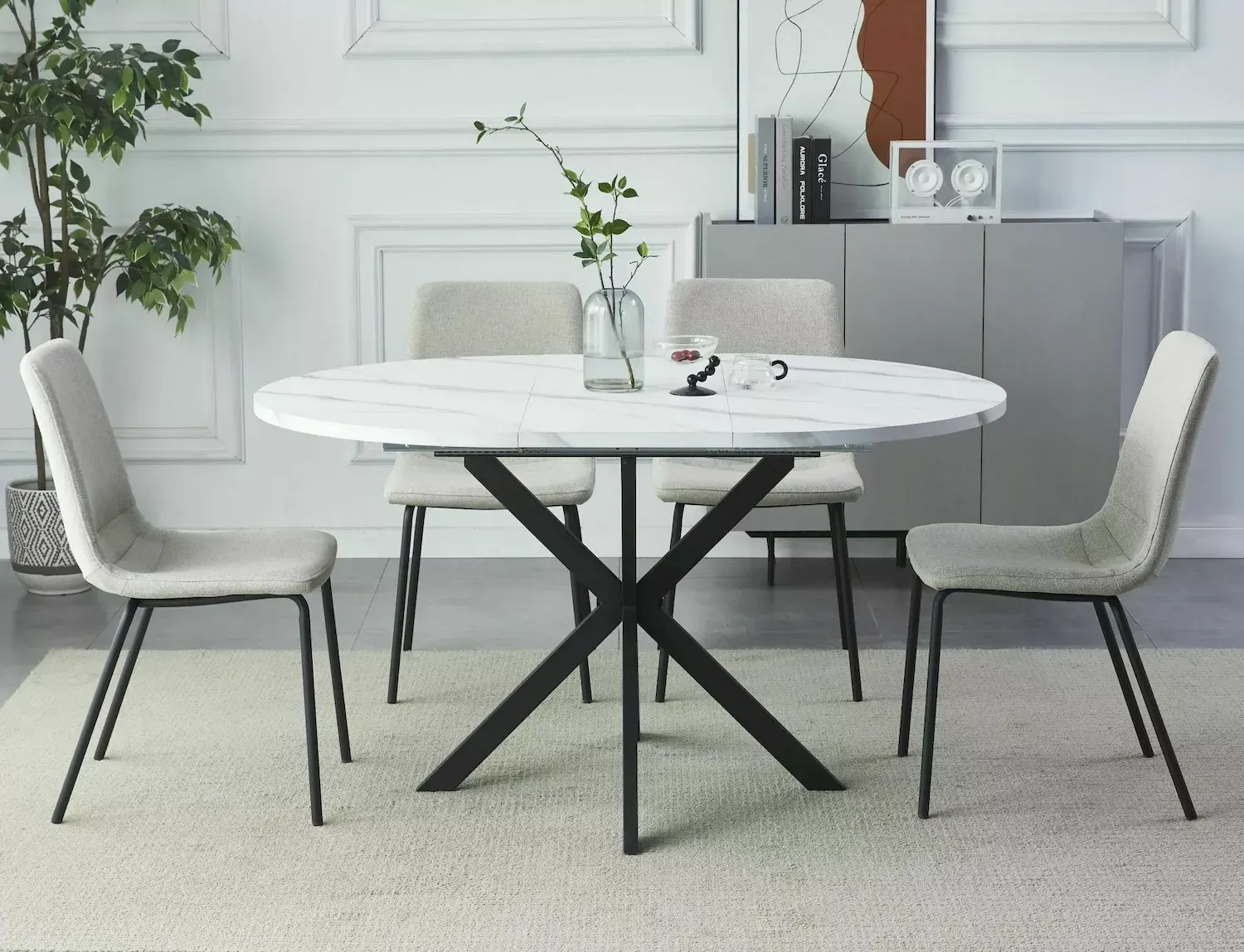 Stół okrągły rozkładany GASTON FI 100 (135) biały efekt marmuru stelaż czarny - GASTONBMAC100