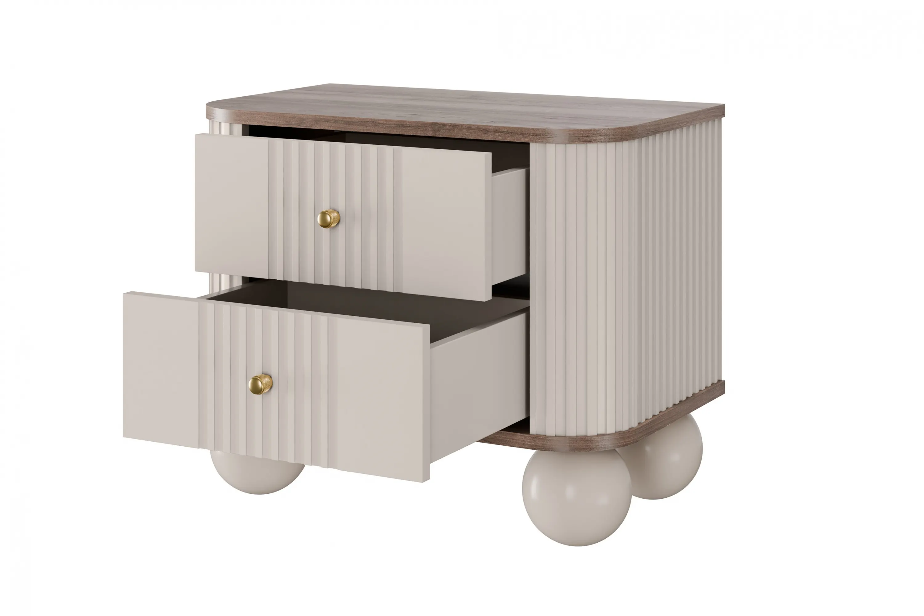 Szafka nocna z 2 szufladami VESPER 56 zestaw 2 sztuk ryflowany front cashmere orzech złote uchwyty nogi kule - B_163838