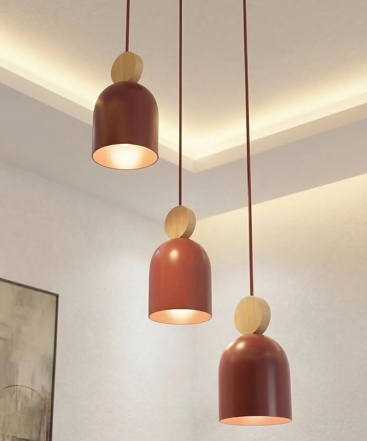 lampa wisząca, kinkiet, drewniane akcenty, brązowa, metalowy klosz