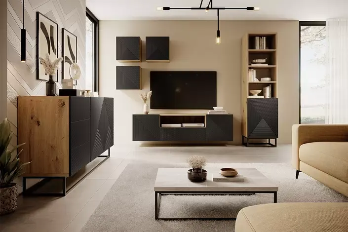 Komoda 2-drzwiowa z 3 szufladami ASHA 167 - czarny mat - dąb artisan - czarny stelaż - ryflowany front - B_149615