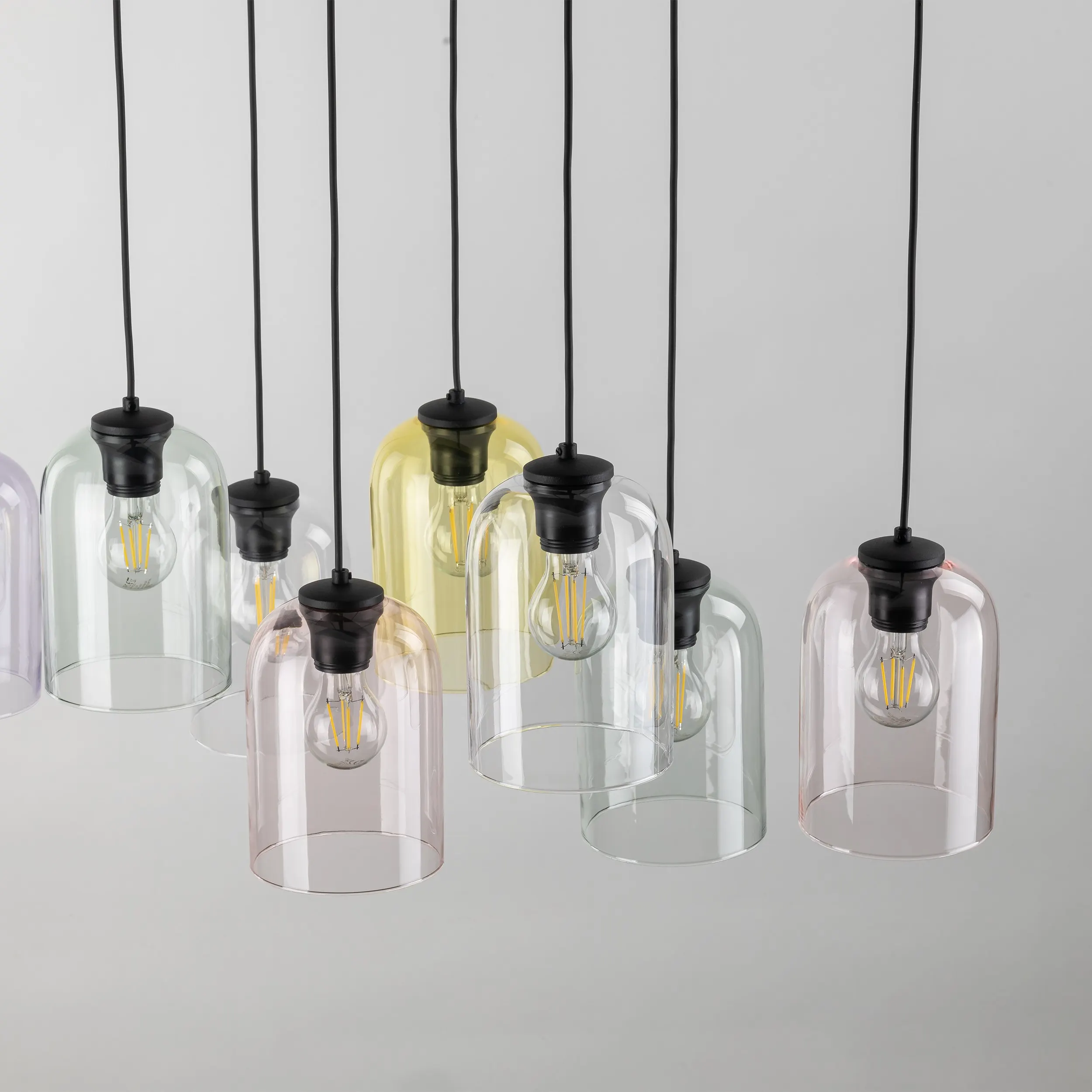 Lampa wisząca MOLLY czarny z różnokolorowymi kloszami transparentnym szarym fioletowym różowym żółtym 150x78x38cm - TK_10303