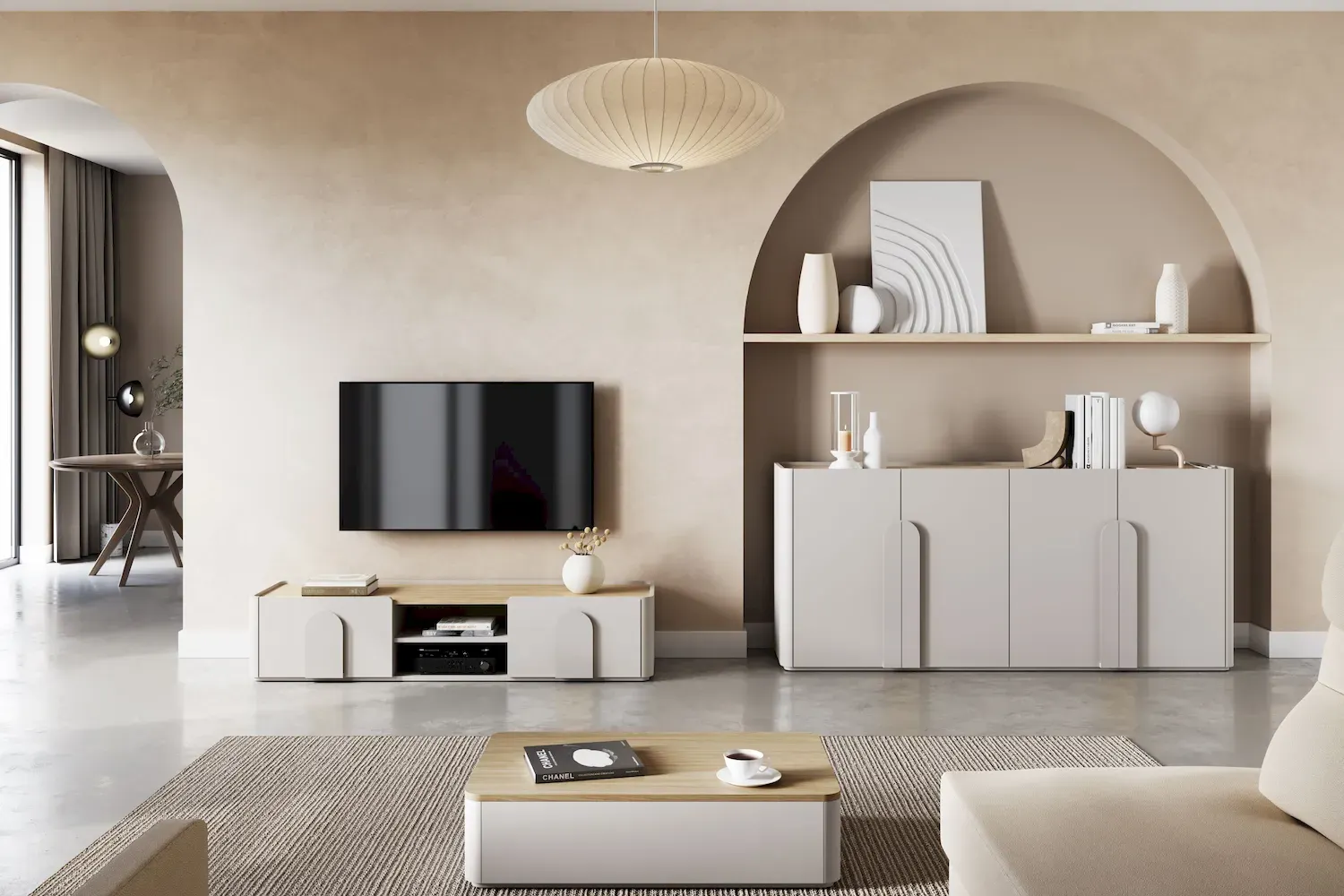 Szafka RTV z klapą i szufladą AMILIO 170 - cashmere dąb olejowany uchwyty cashmere - B_167065