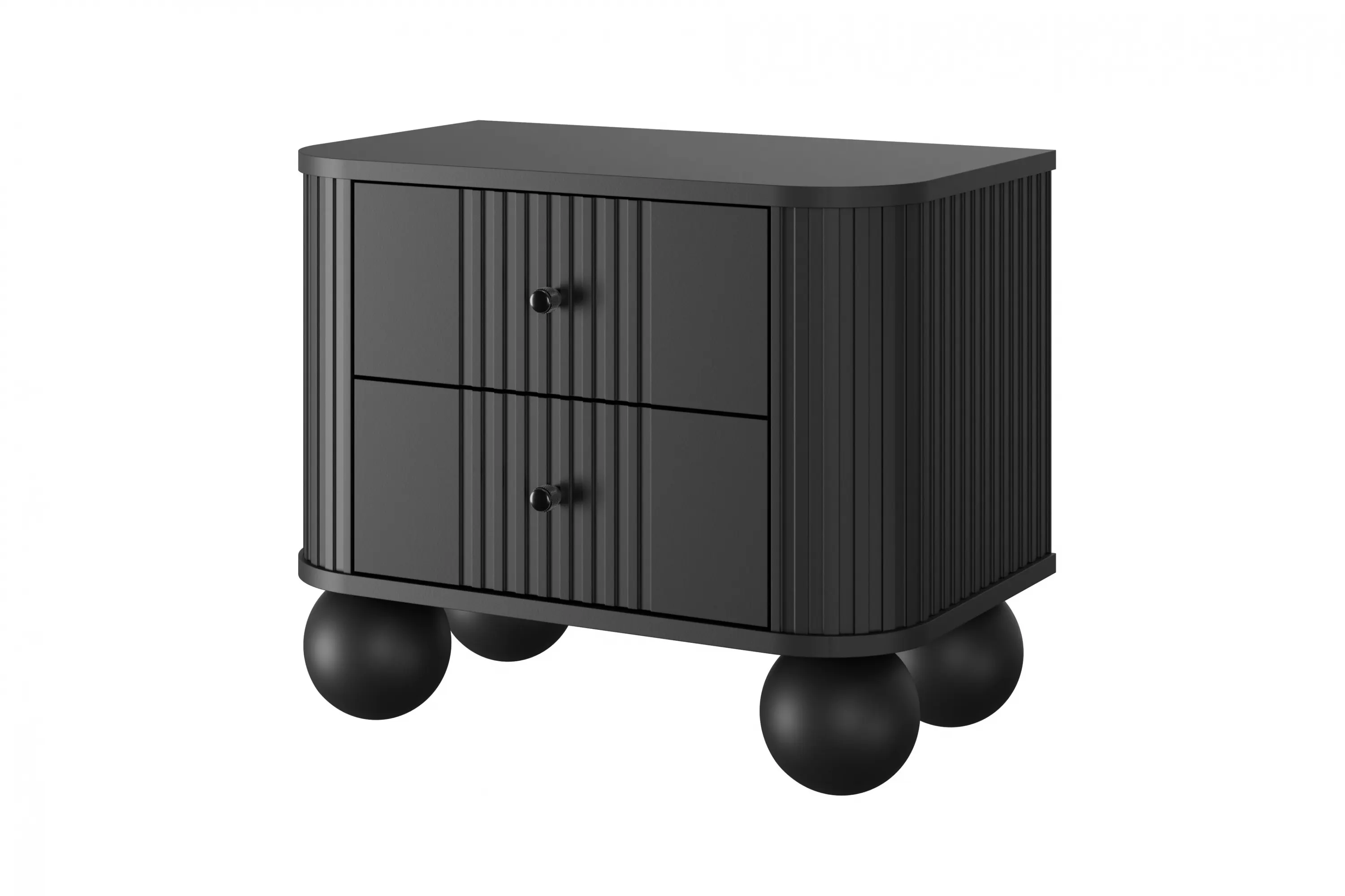 Szafka nocna z 2 szufladami VESPER 56 zestaw 2 sztuk ryflowany front czarny czarne uchwyty nogi kule - B_163849