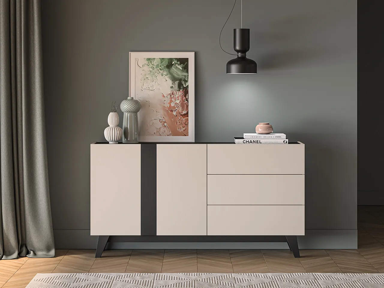 Komoda z półkami i szufladami FRESHION 160 cm beżowo-czarna — zdjęcie 7
