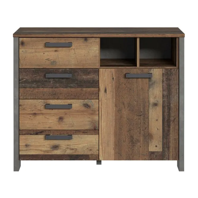 Komoda CLIF 1-drzwiowa z 4 szufladami i wnękami - old wood vintage, beton - CLFK221-C546