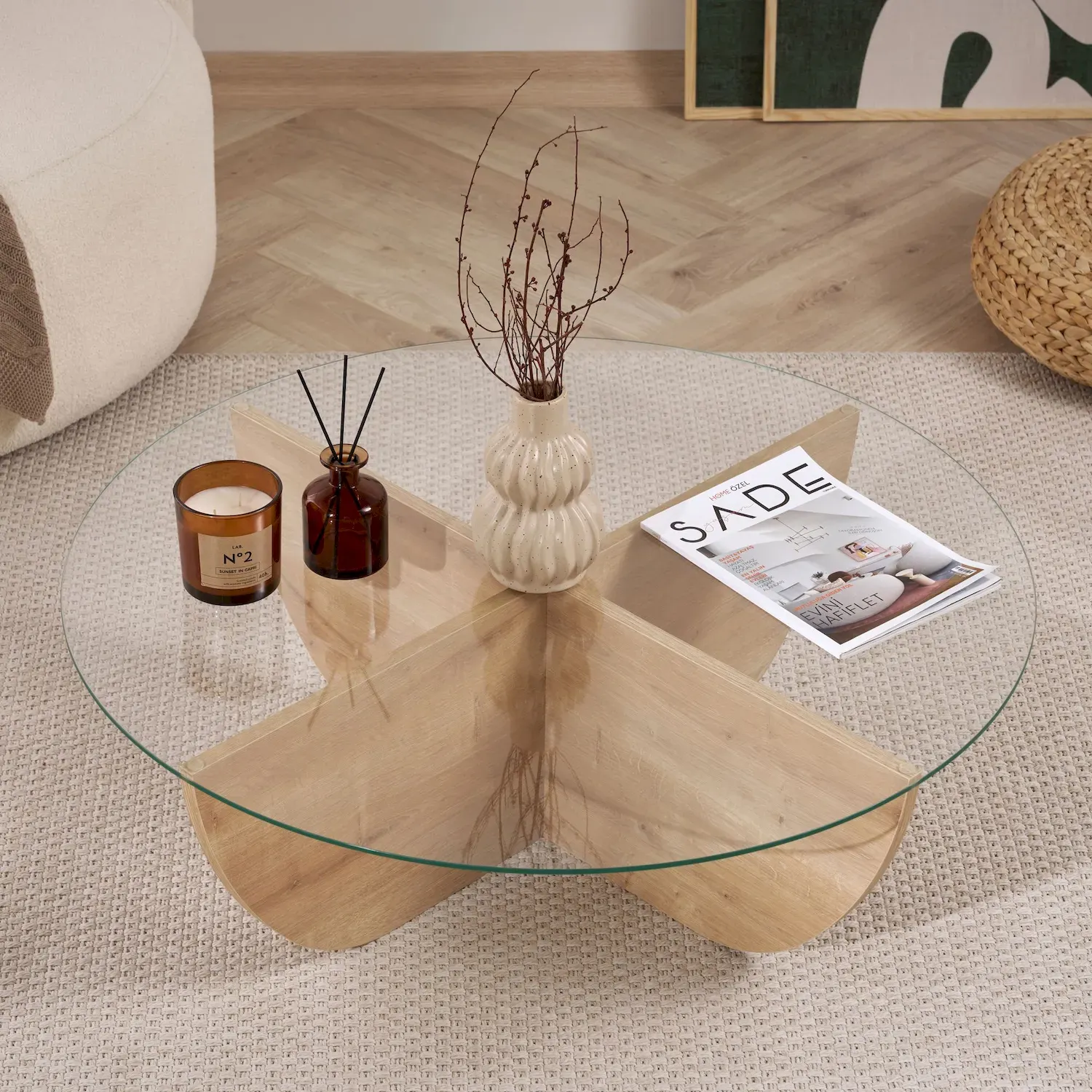 Stolik kawowy okrągły LIYA fi90 transparentny dąb sapphire - ASI_668NRD1126