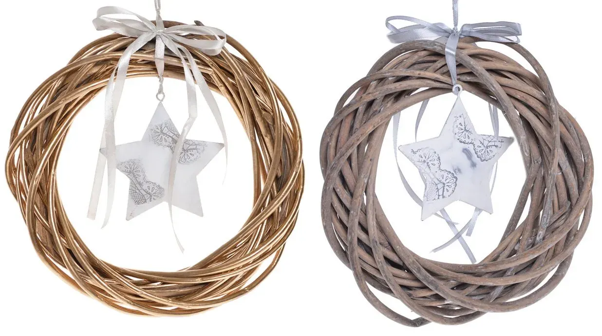 Rattanowe KOŁO z metalową zawieszką gwiazdką 2 kolory 2472 biały złoty beżowy Rattanowe KOŁO z metalową zawieszką gwiazdką 2 kolory 2472 biały złoty beżowy