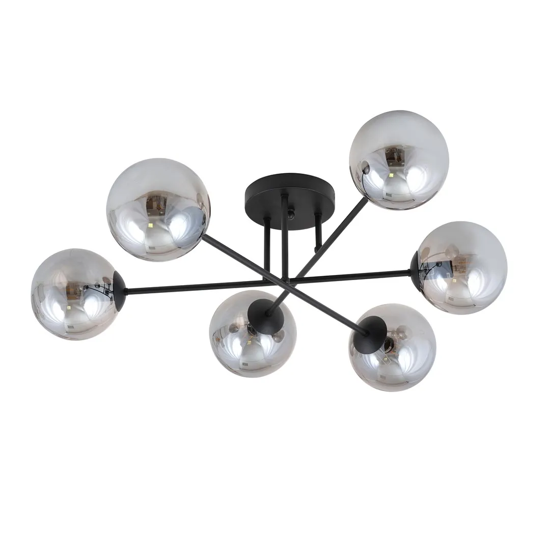 lampa sufitowa, kula szklana, metalowy żyrandol, czarna konstrukcja, 8 kul