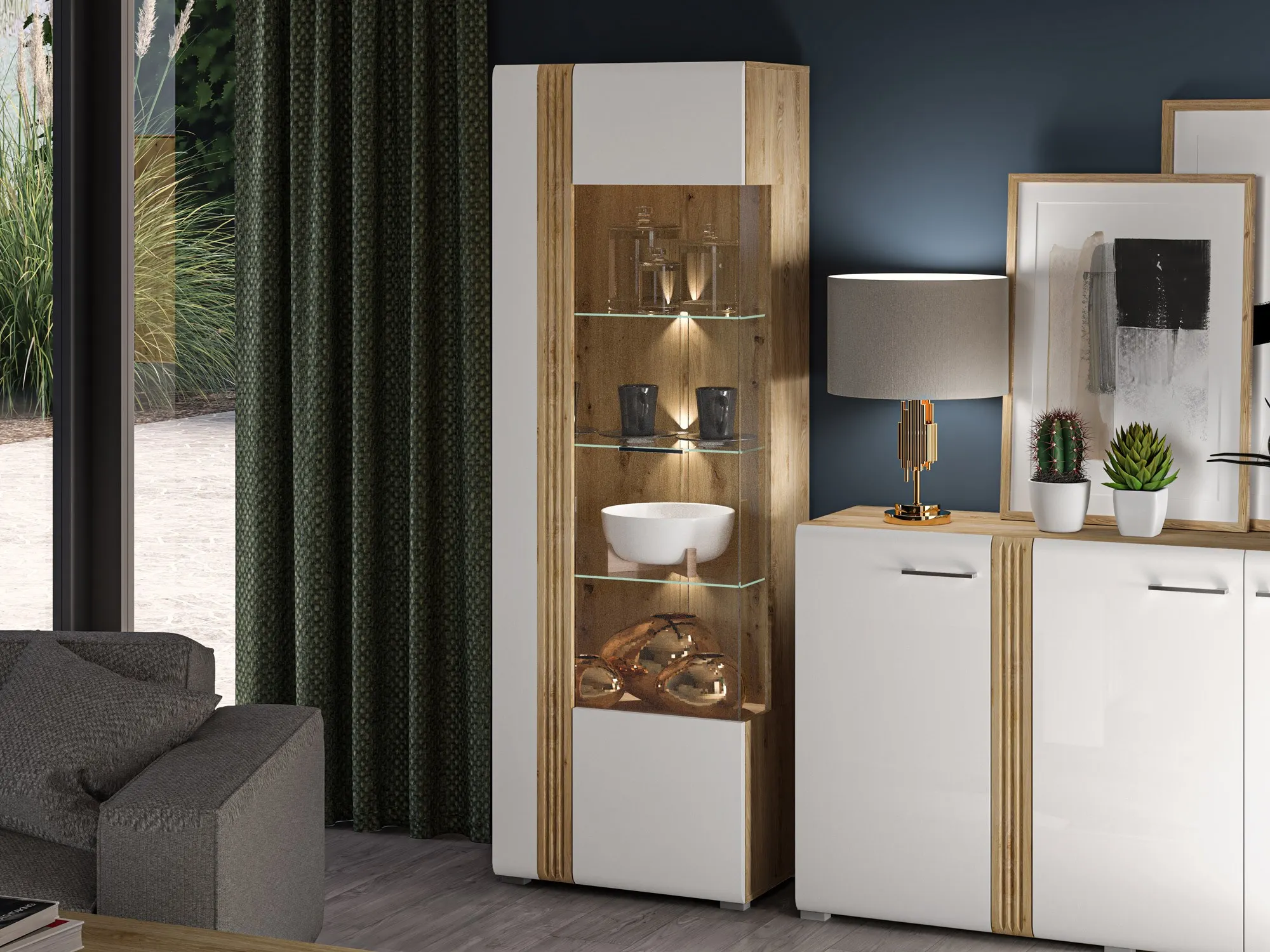 Witryna 1-drzwiowa ADAGIO 02 Prawa dąb castello, biały połysk - 1ADAG02P-001