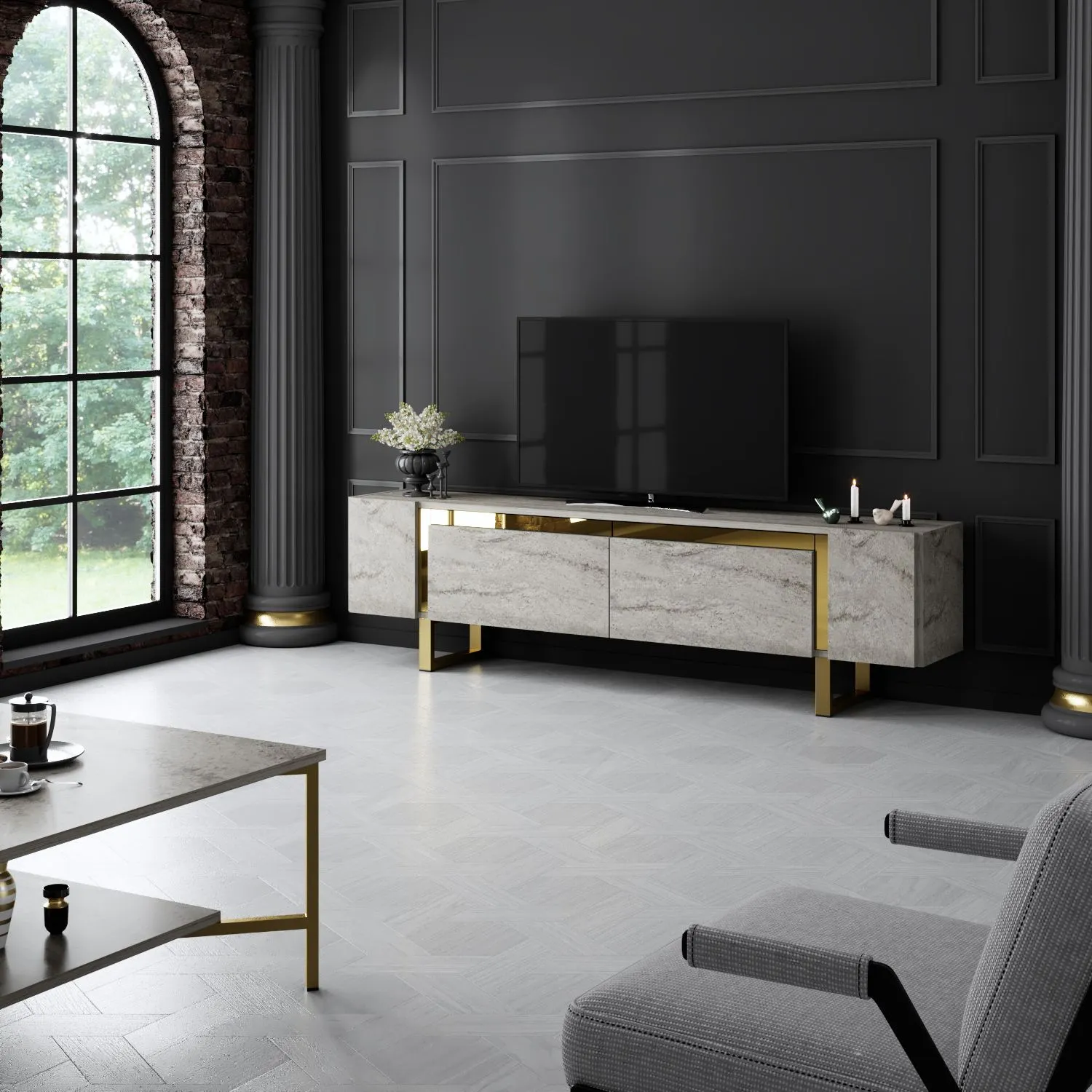 Szafka RTV z 2 klapami YILDIZ 180x30x50 cm trawertyn złoty stelaż - ASI_618BLY1271