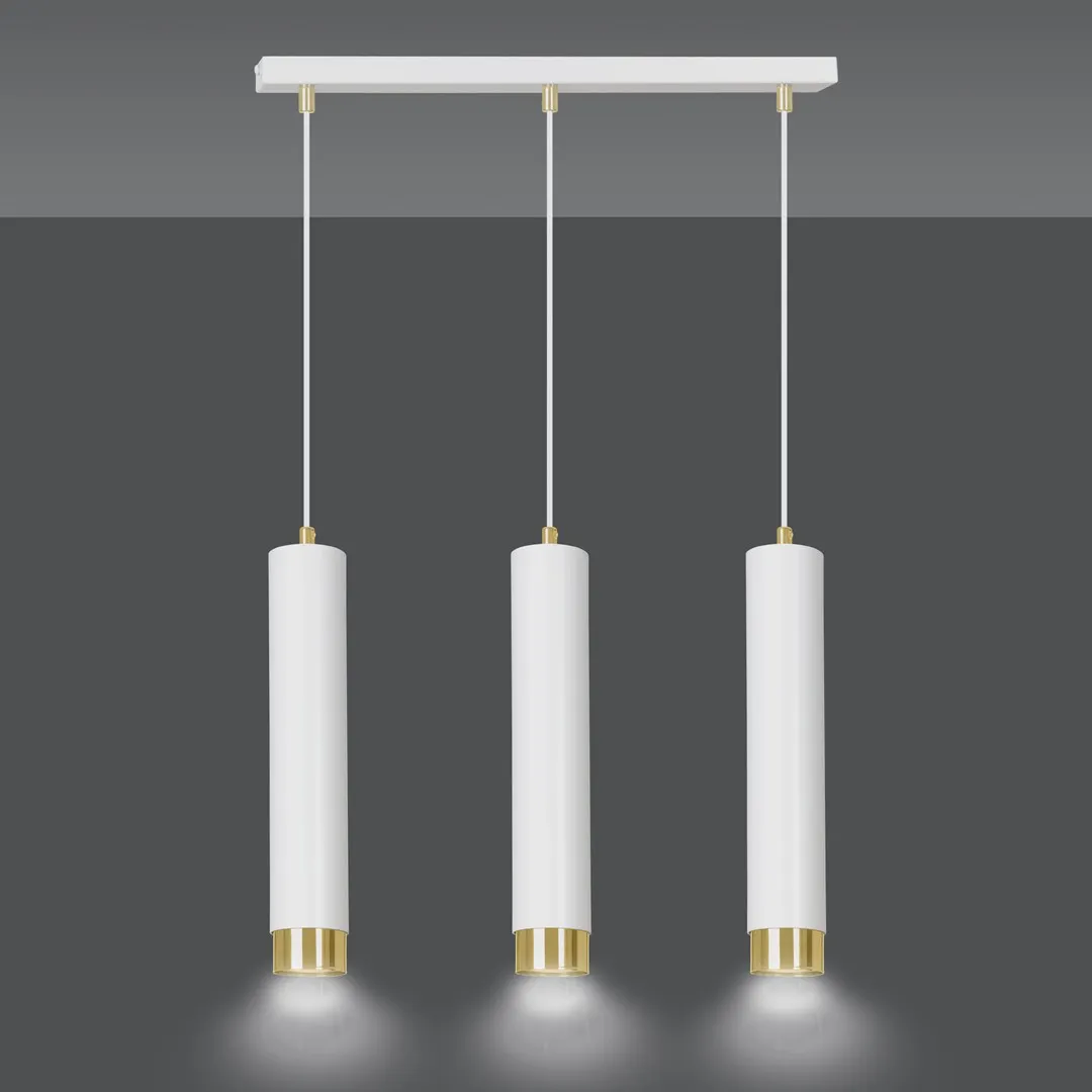 image lampa wisząca, pendant light, trzy cylindra, biała, złote wykończenie