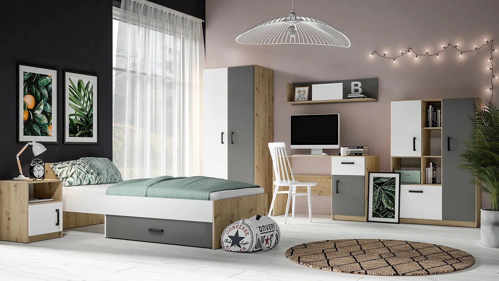 Półka wisząca z przegrodą FINI 10 biały, antracyt, dąb artisan 116 cm — zdjęcie 9