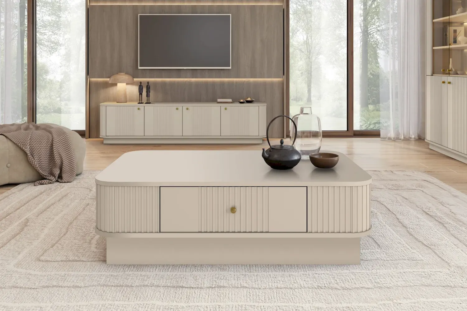 Stolik kawowy z szufladą VESPER ryflowany front - cashmere złoty uchwyt cokół - B_169459