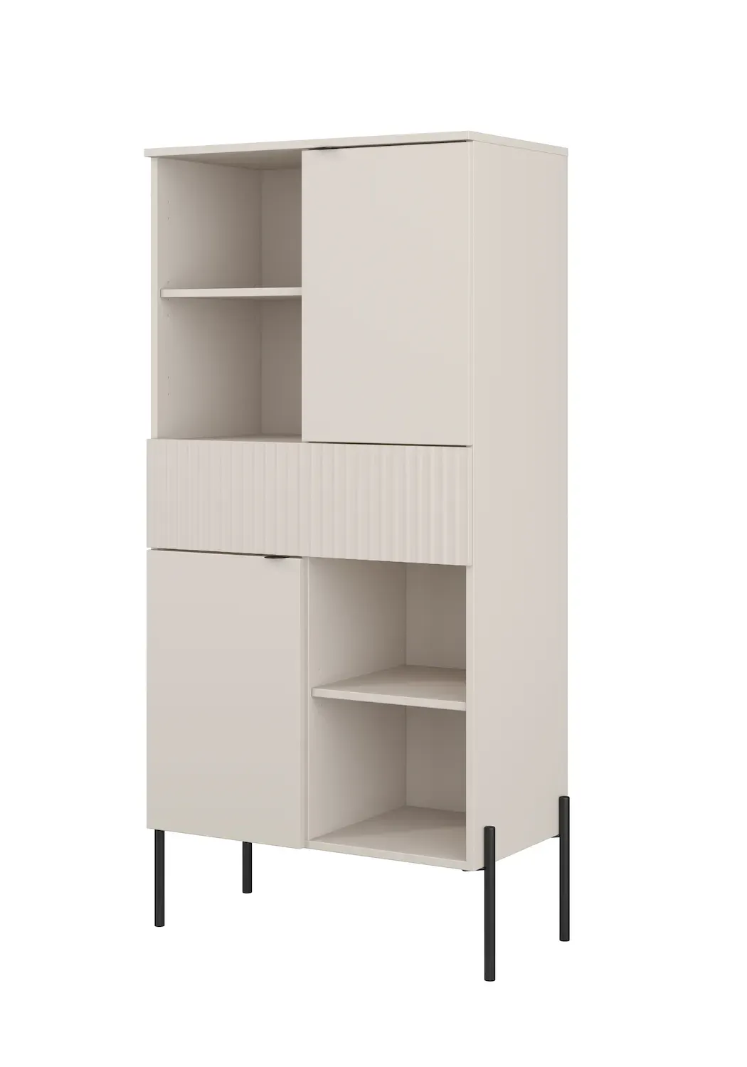 Komoda wysoka 2-drzwiowa z szufladą ORE kaszmir ryflowany front czarne nóżki