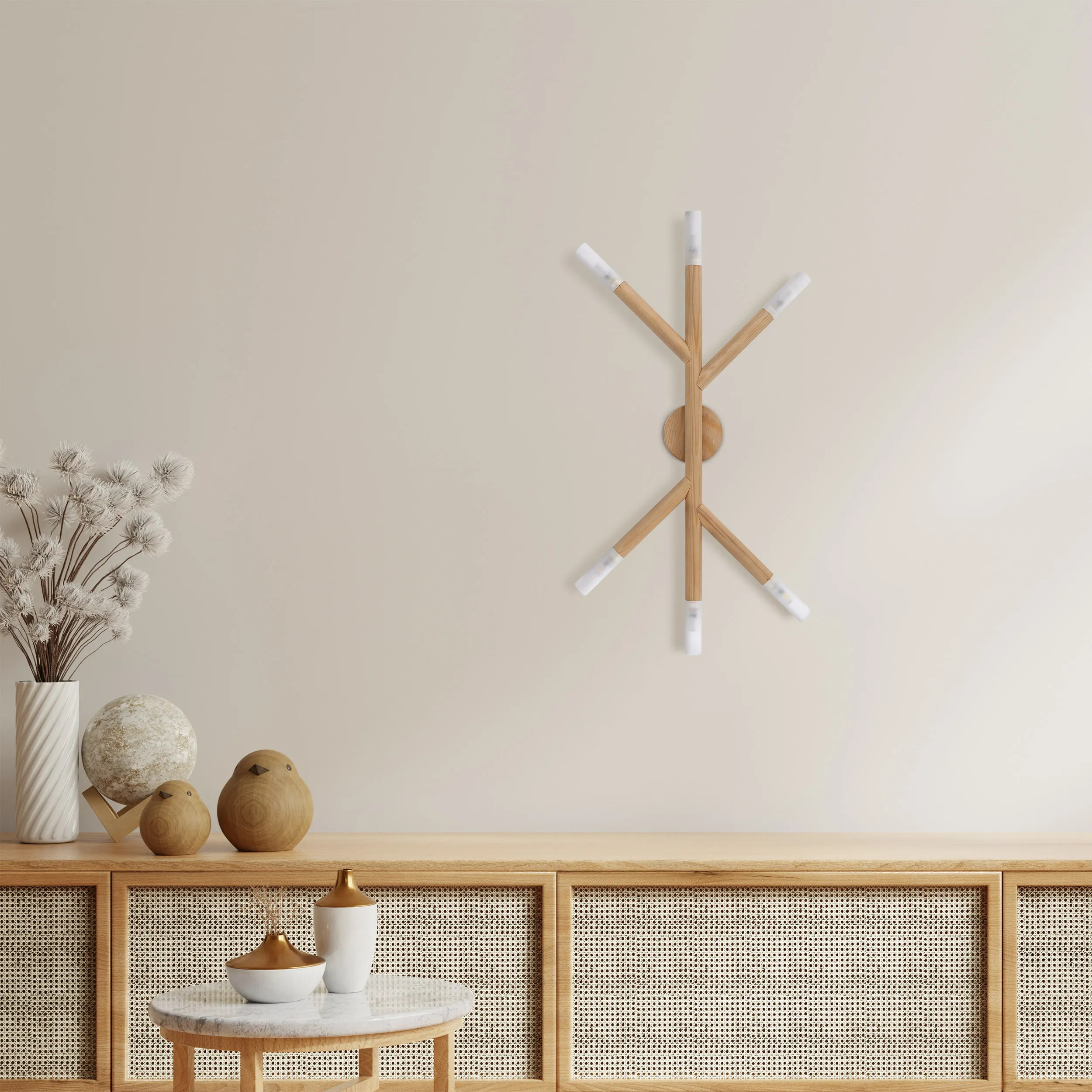 Plafon / Kinkiet NOBLE jasny drewniany z mlecznymi kloszami 66x35x5cm - TK_4525