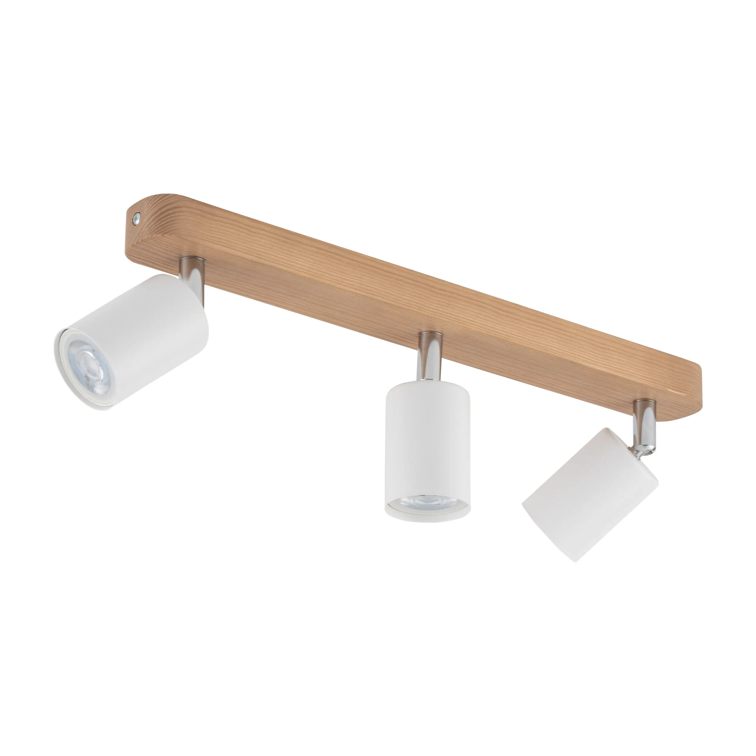 Lampa sufitowa TOP drewniana listwa z białymi regulowanymi reflektorami z chromowanymi elementami 53x18x14cm - TK_3296