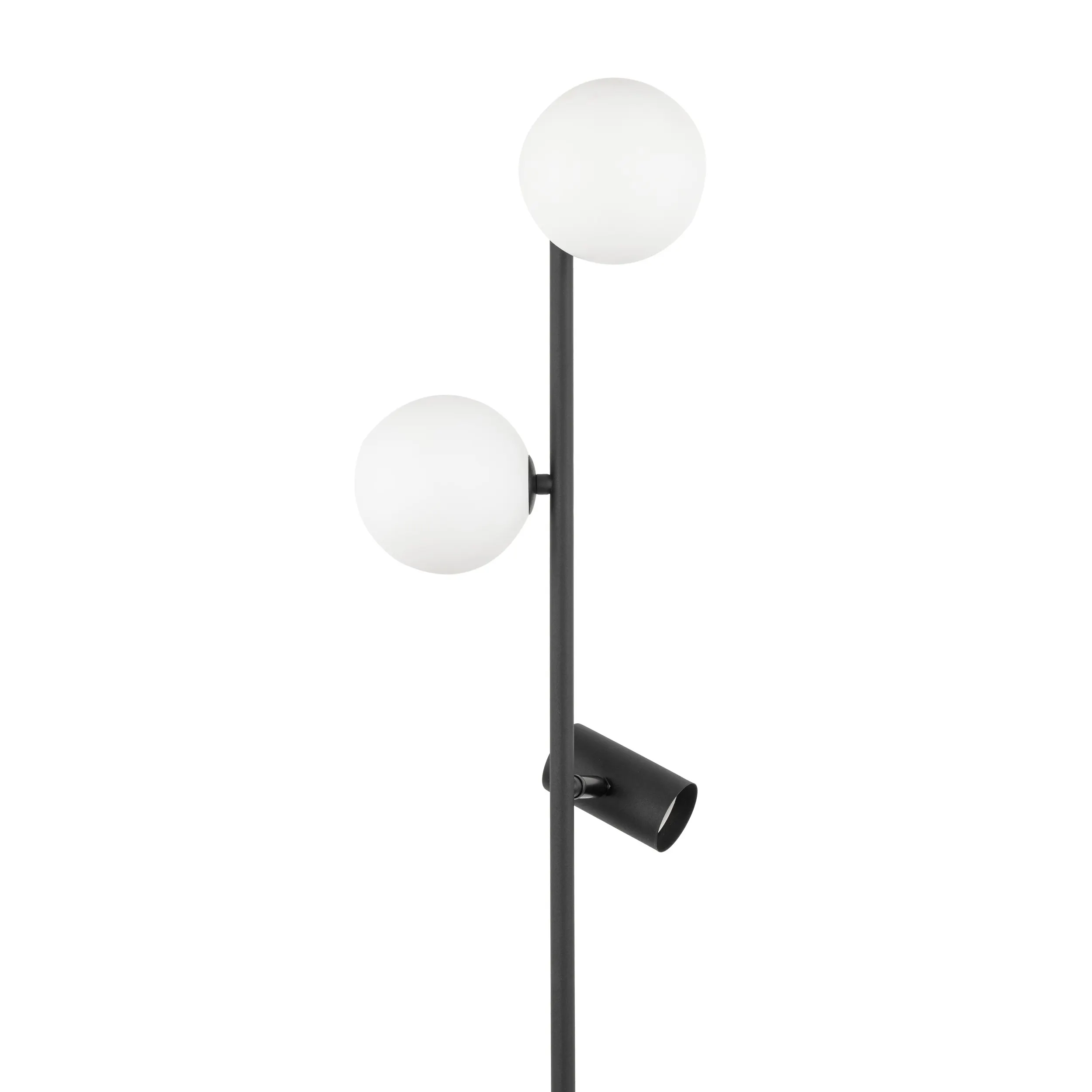 Lampa podłogowa VOX czarna z dwoma białymi okrągłymi szklanymi kloszami i lampką regulowaną do czytania z włącznikiem 172x30cm - TK_16063