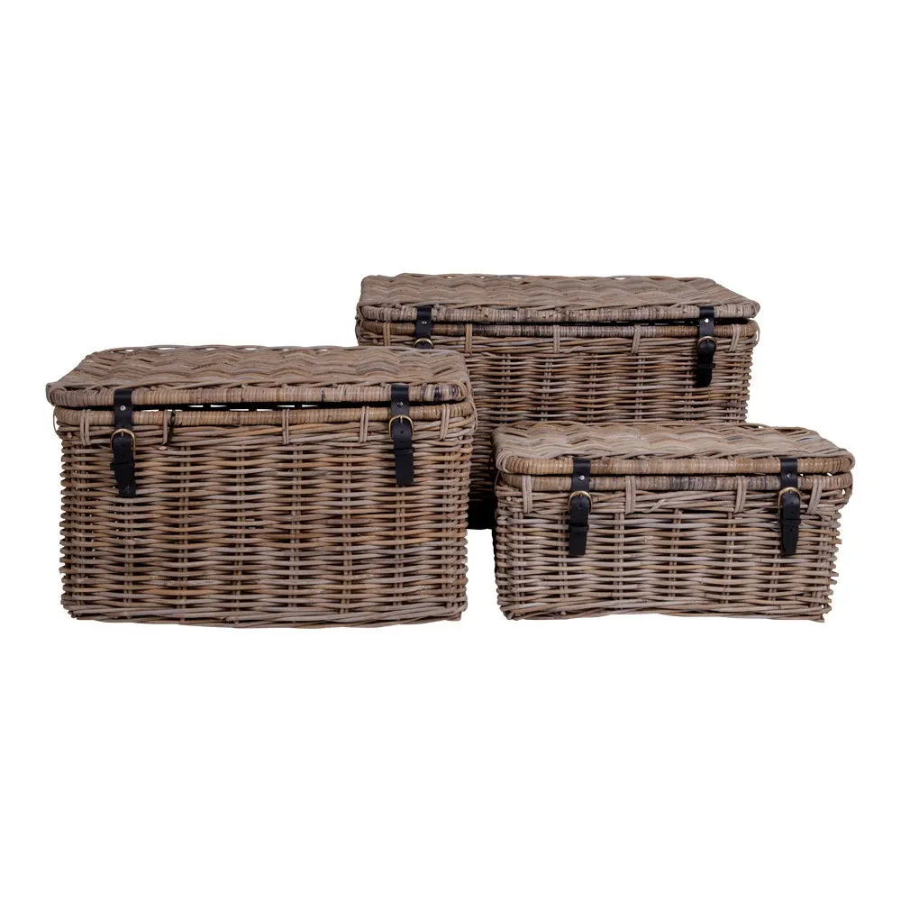 Kufer do przechowywania DEPOK zestaw 3 sztuk skórzane uchwyty rattan szary