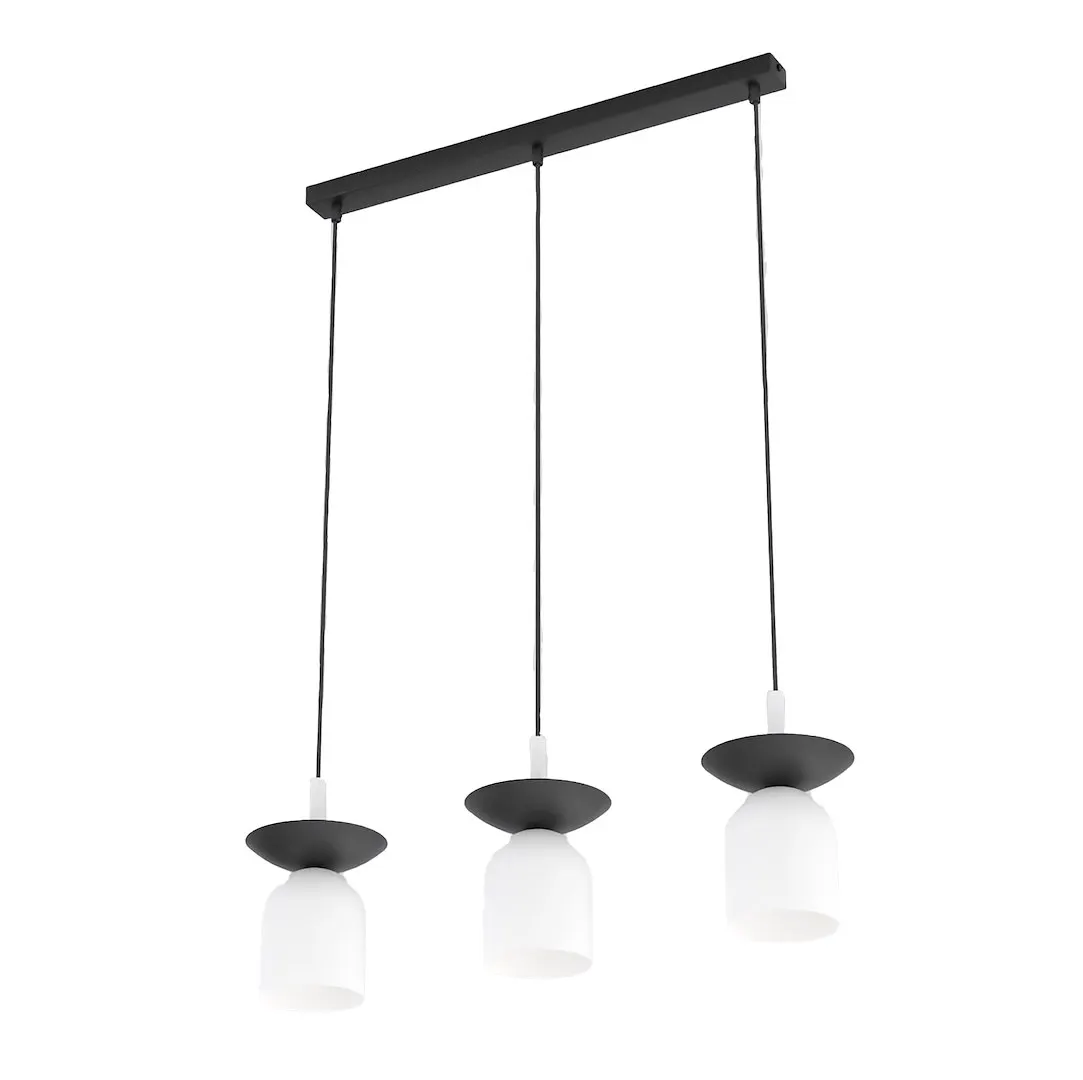 image lampa wisząca, trzy lampy, czarne, szklane klosze, zasilanie przewodowe