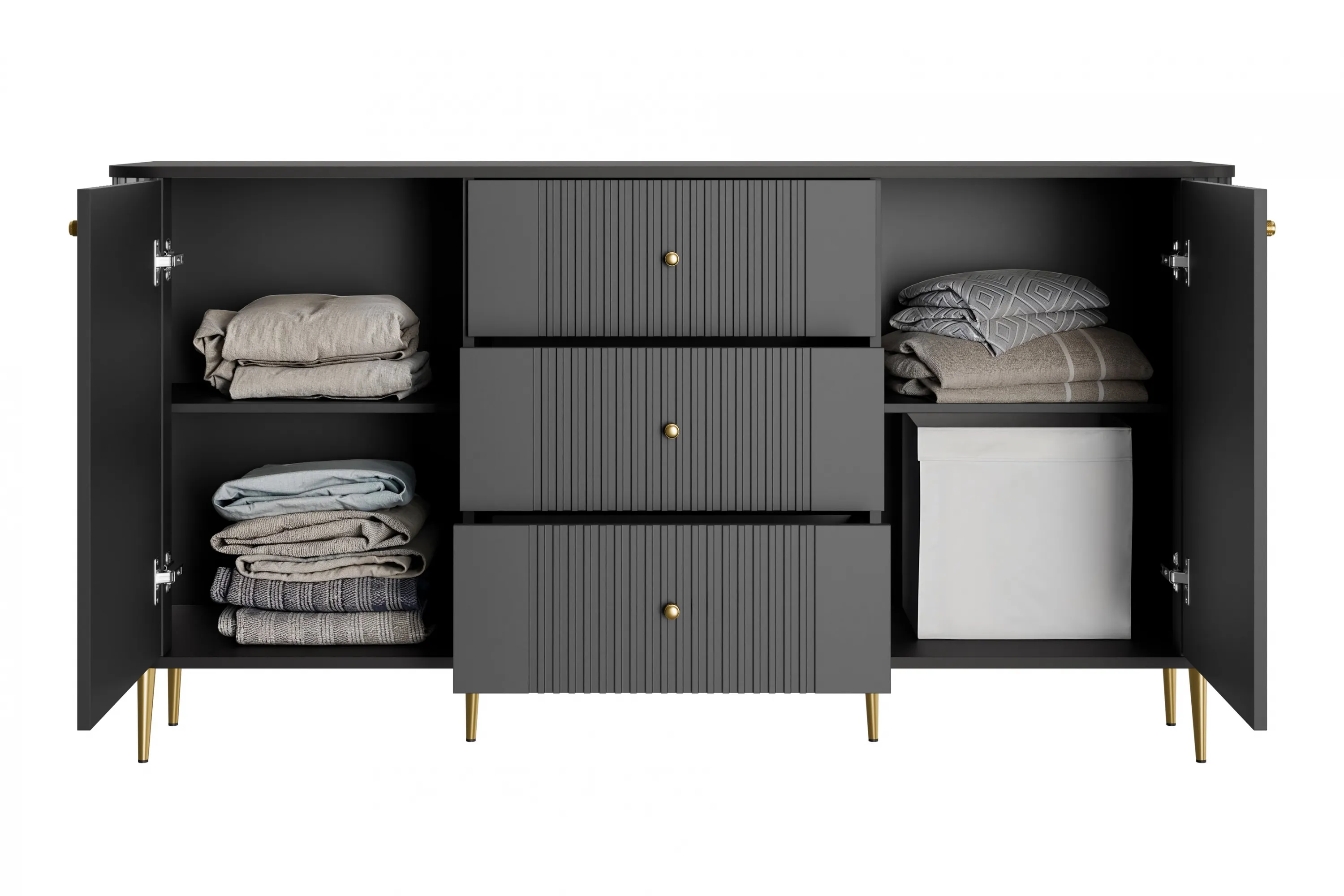 Komoda 2-drzwiowa z 3 szufladami VESPER 160 ryflowany front czarny złote nogi - B_163612