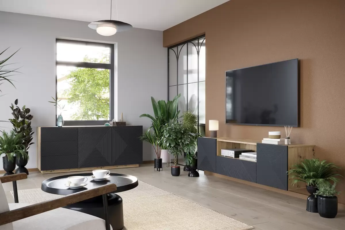 Szafka RTV ASHA 167 - szara - dąb artisan - ryflowany front - wisząca - B_50980