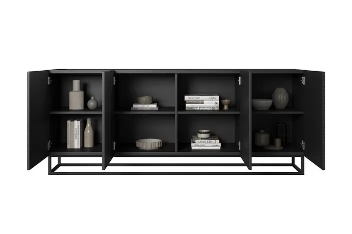 Komoda 4-drzwiowa ASHA 200 4D - czarny mat - czarny stelaż - ryflowany front - B_52096