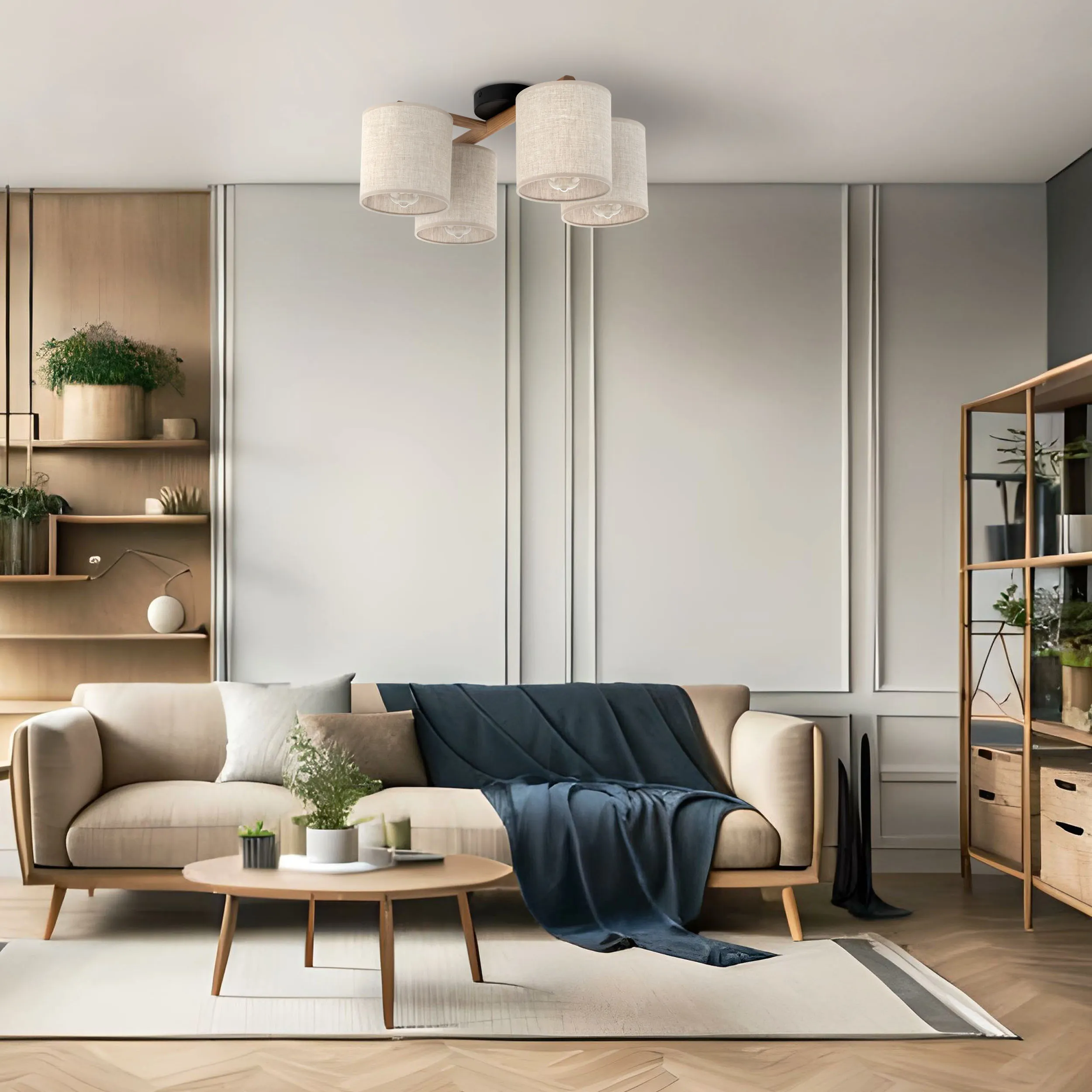 Lampa sufitowa DEVA NATURE czarna drewniane ciemne ramiona z brązowymi okrągłymi kloszami tkaniny 53x38x22cm - TK_6866