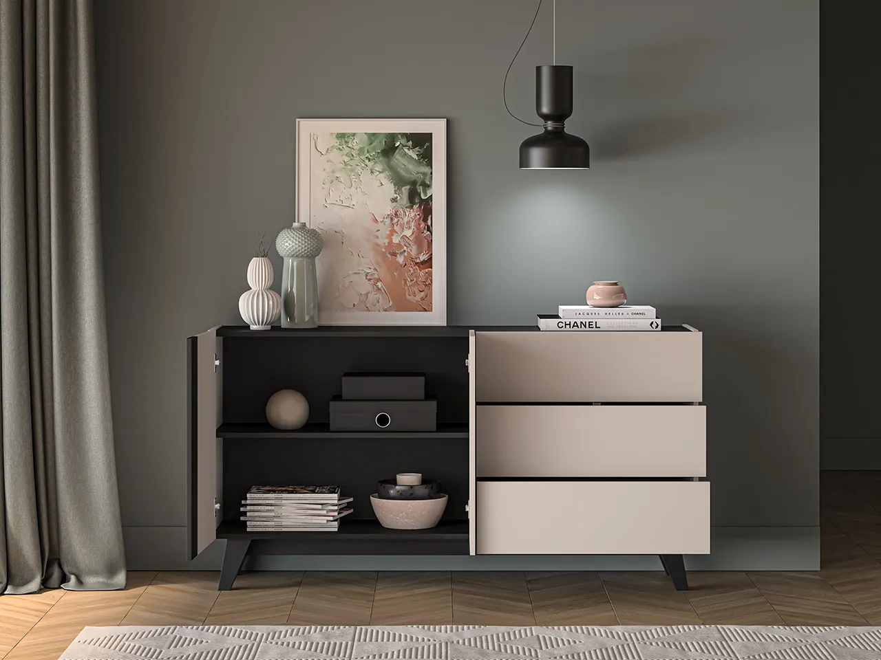 Komoda z półkami i szufladami FRESHION 160 cm beżowo-czarna — zdjęcie 8