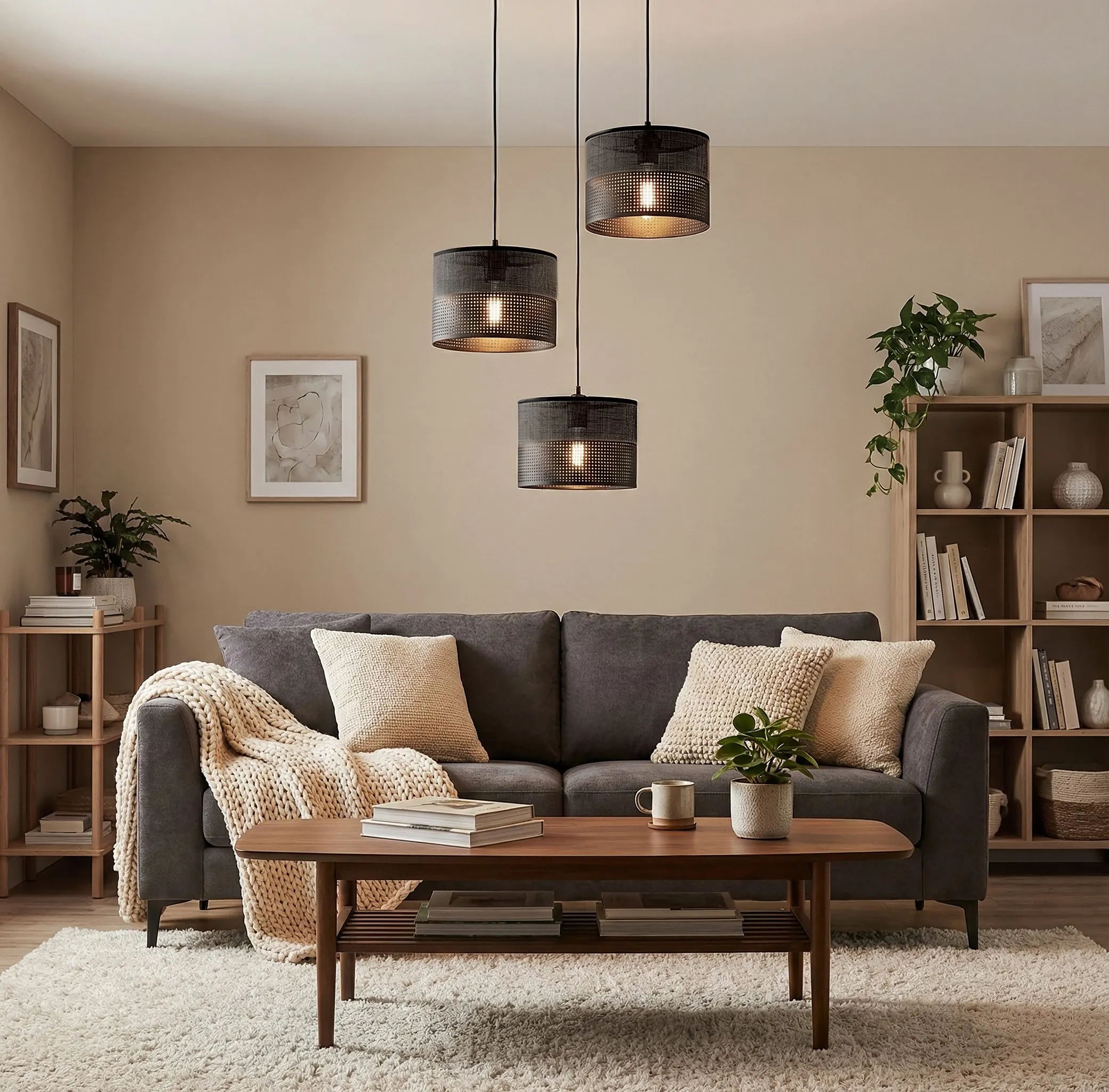 sofa, living room, coffee table, hanging lights, plush throw