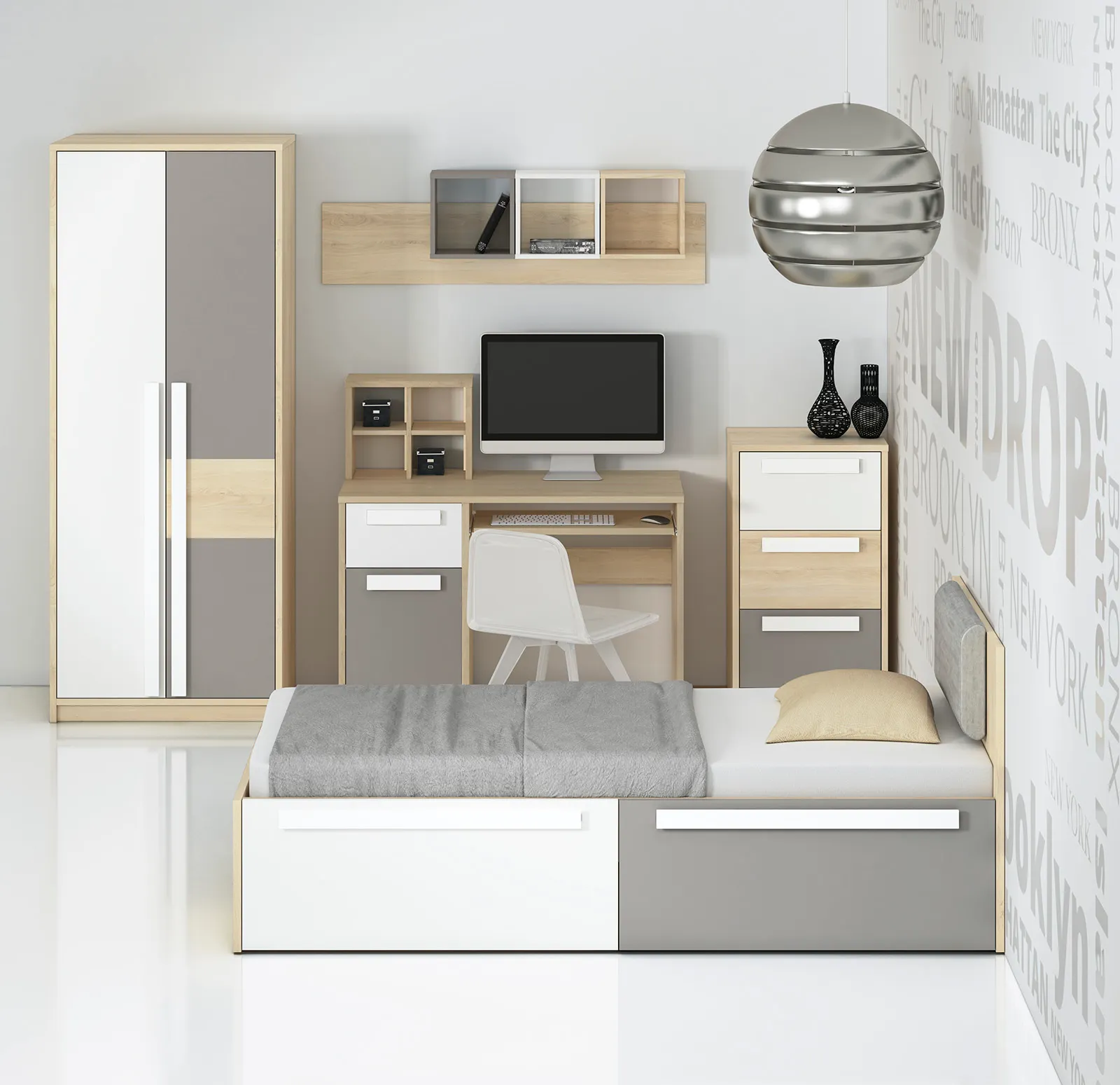 Biurko z szafką i szufladą DROP 14 buk fjord, biały, szary - 1DROP1401-001