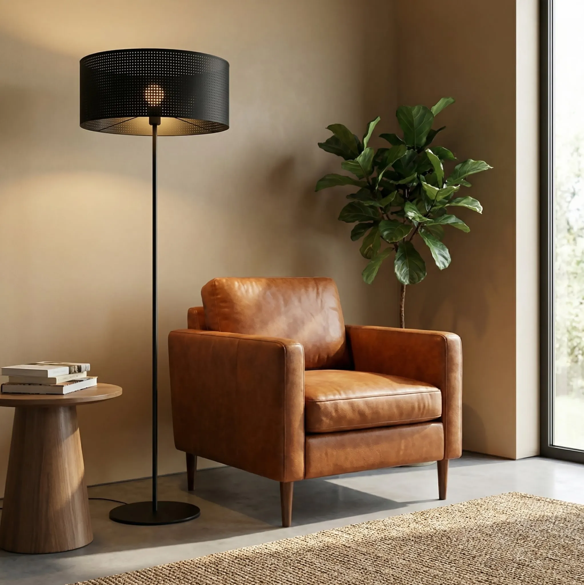 image fotel skórzany, sofa jednoprzestrzenna?, brązowy kolor, lampka stojąca, dywan naturalny