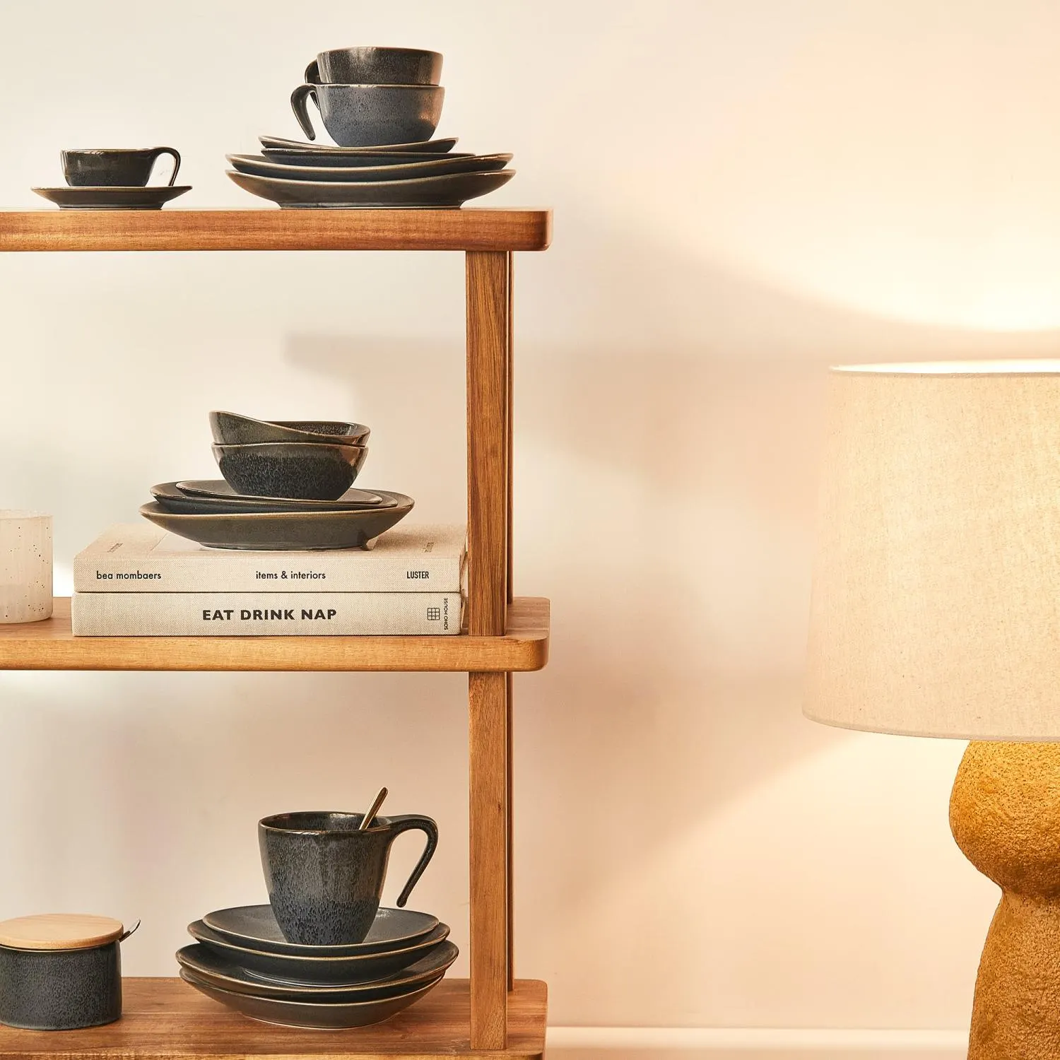 ceramic, dinnerware, teal, stacked, shelf