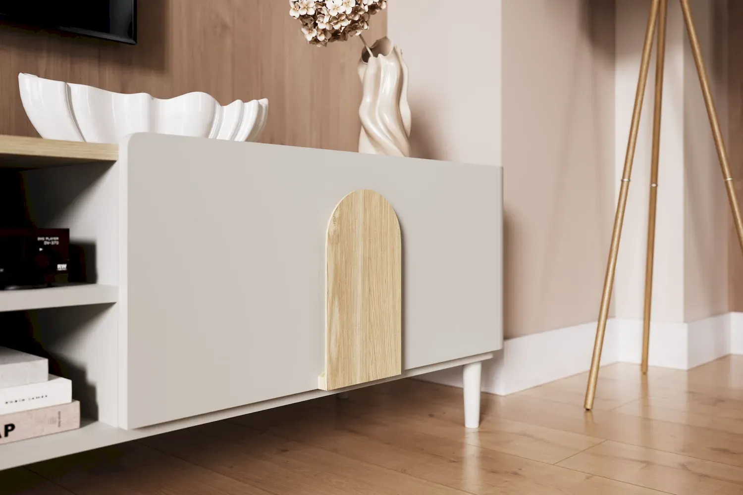 Szafka RTV z klapą i szufladą AMILIO 170 - cashmere dąb olejowany uchwyty dąb jasny nogi cashmere - B_169224