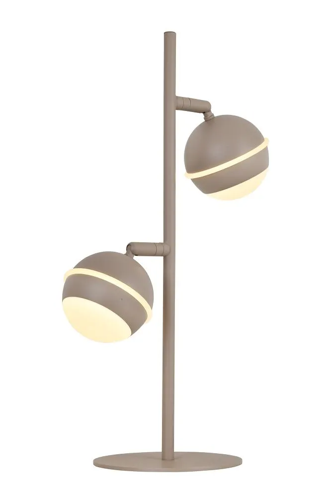lampka stołowa, drewniana lampa, podwójne głowice, metalowa podstawa, neutralny kolor