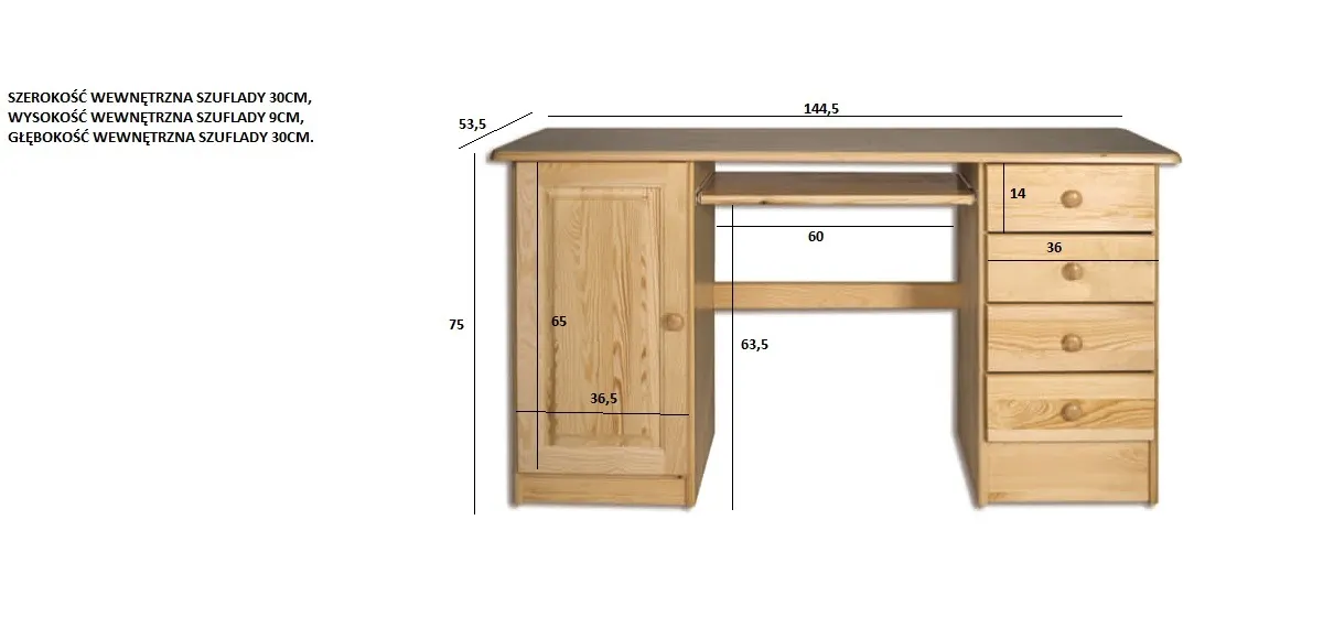 BR115 biurko S145 W75 G55 sosna naturalny DREWMAX — zdjęcie 3