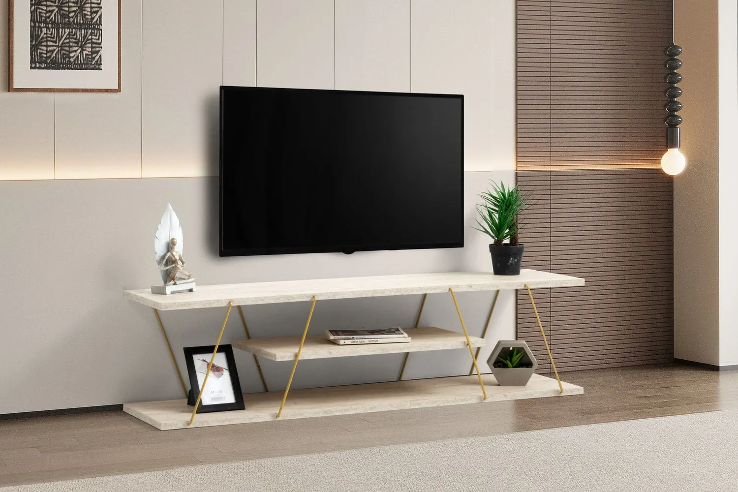 Stolik RTV z półką CANAZ V2 120 cm trawertyn złoty stelaż