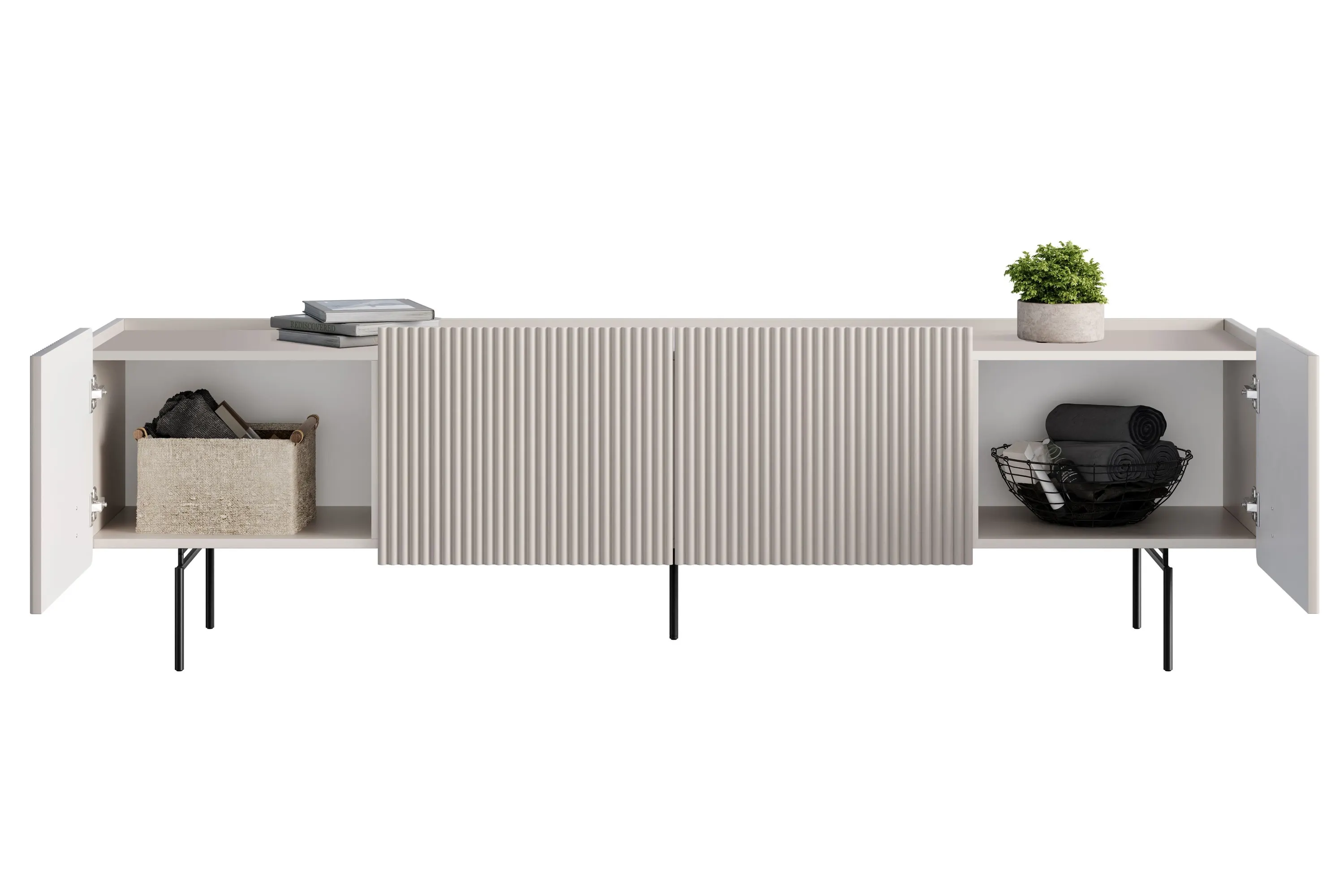 Szafka RTV 2-drzwiowa z 2 szufladami MALMI 200cm - kaszmirowa - czarne nogi - B_167028