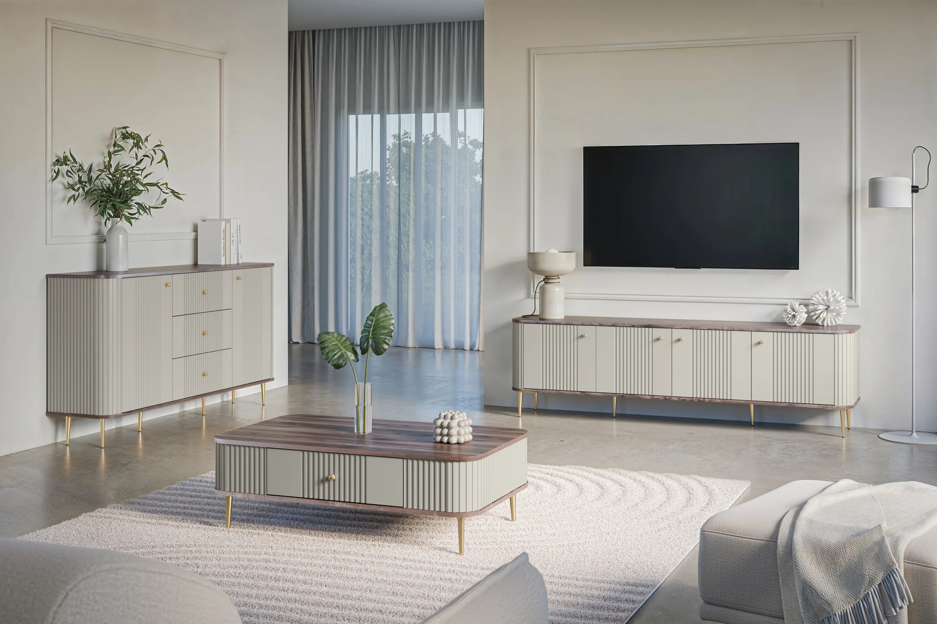 Szafka RTV 4-drzwiowa VESPER RTV 187 ryflowany front cashmere orzech złote nogi - B_163738