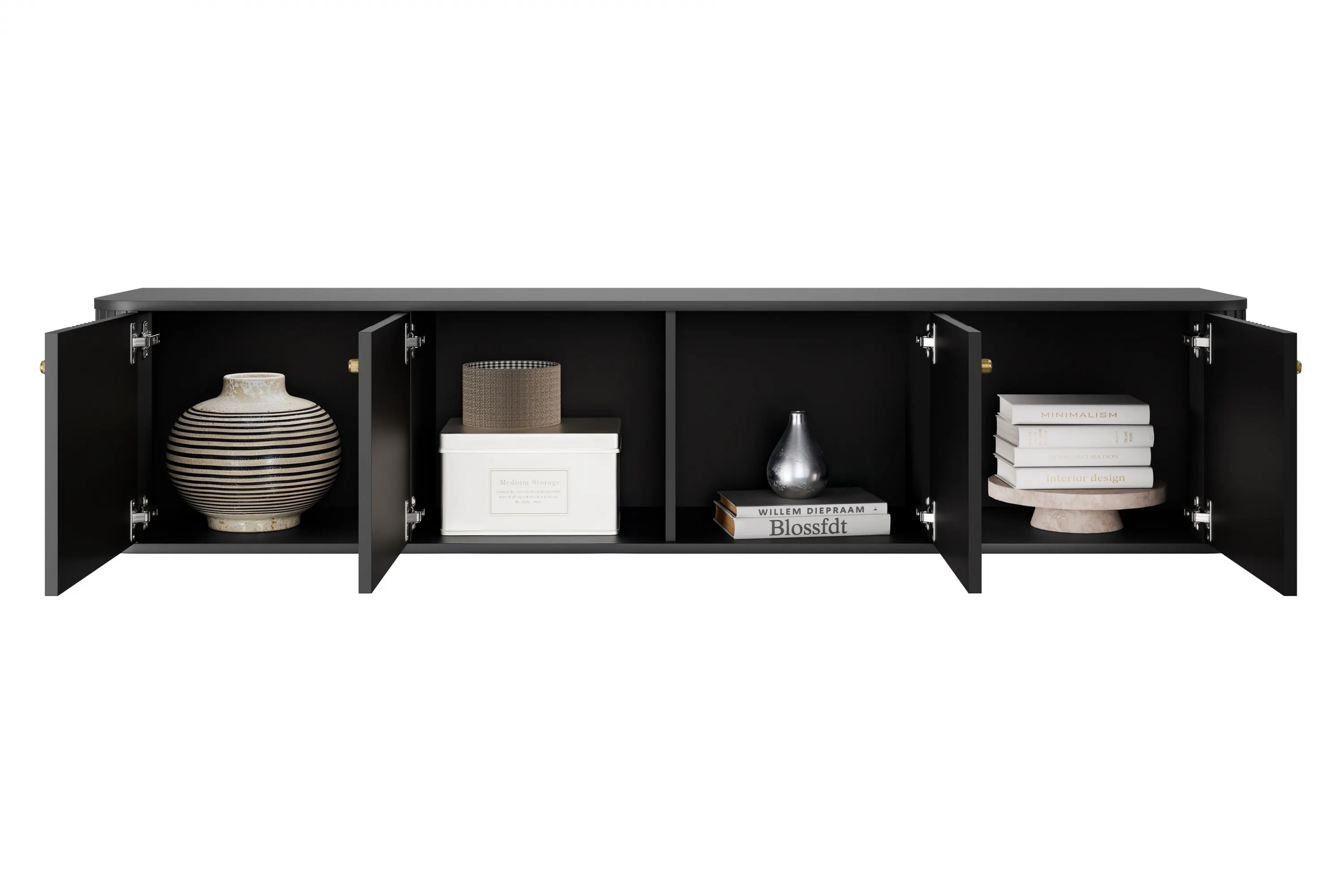 Szafka RTV wisząca 4-drzwiowa VESPER RTV 187 ryflowany front czarna złote uchwyty - B_163777