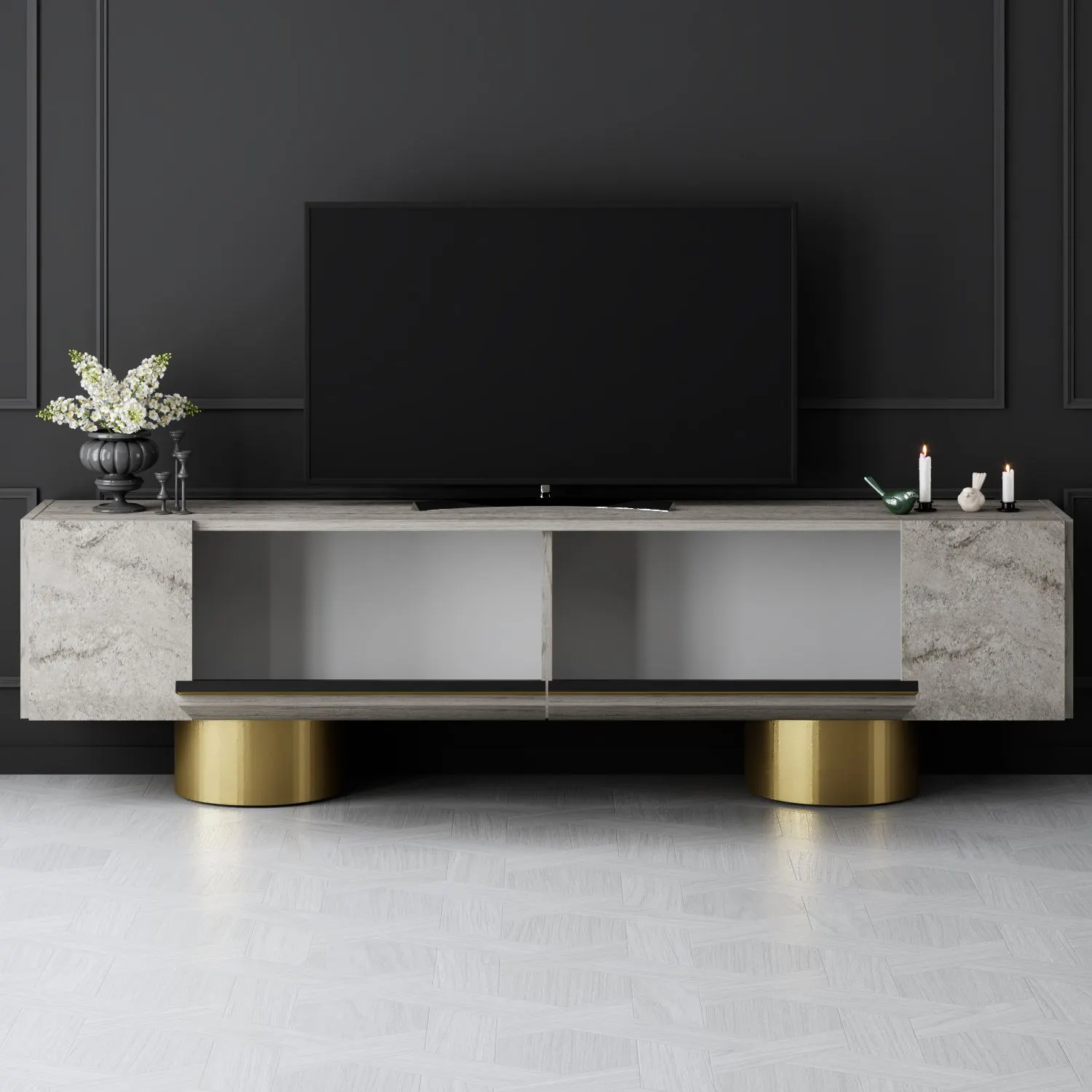Szafka RTV z 2 klapami na blaszanych nogach BOHEM 180x50x30 cm trawertyn czarny stelaż — zdjęcie 5
