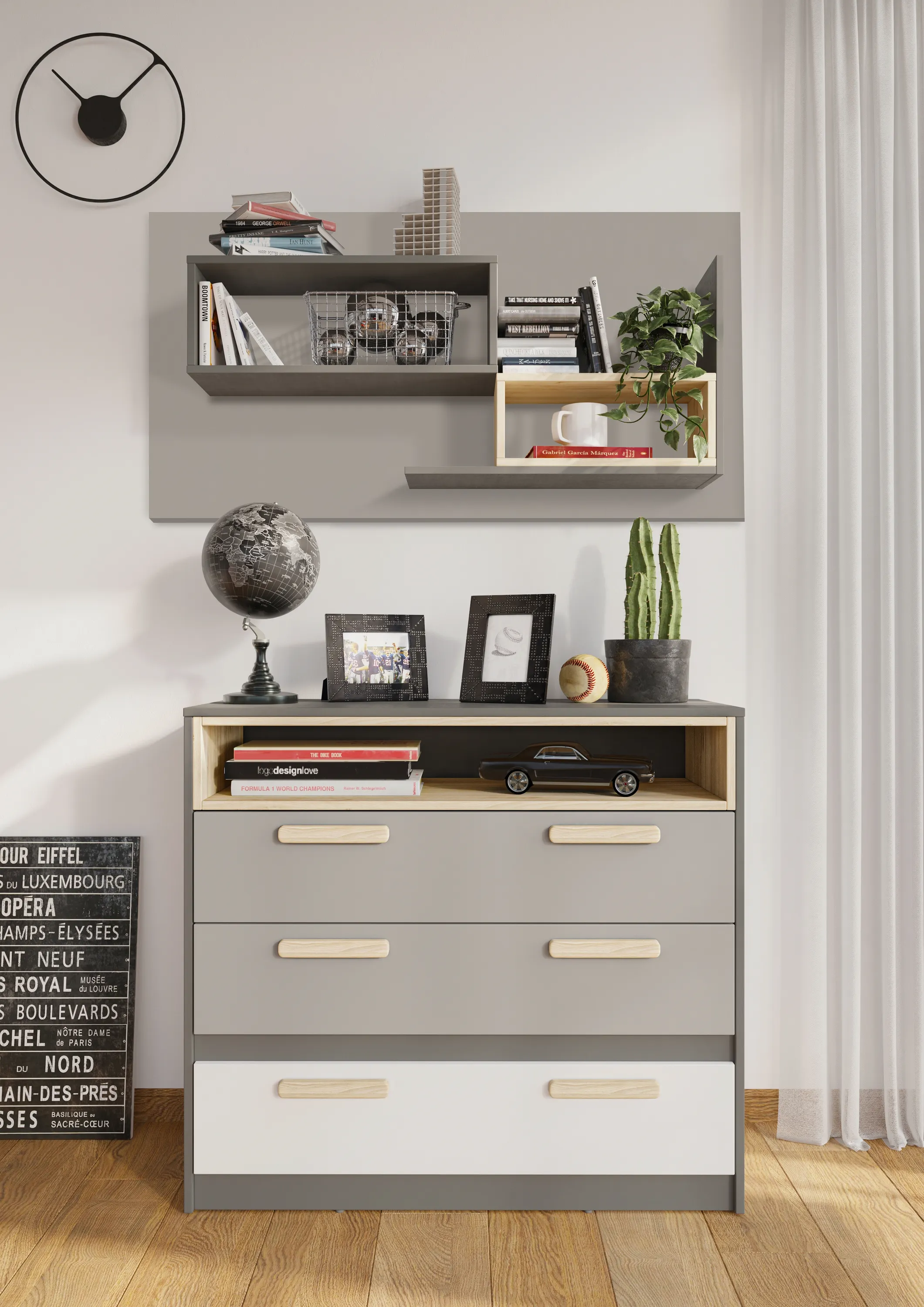 Komoda z szufladami Pok PO-08 grafit/buk ibsen/szary jasny - PO8GBS