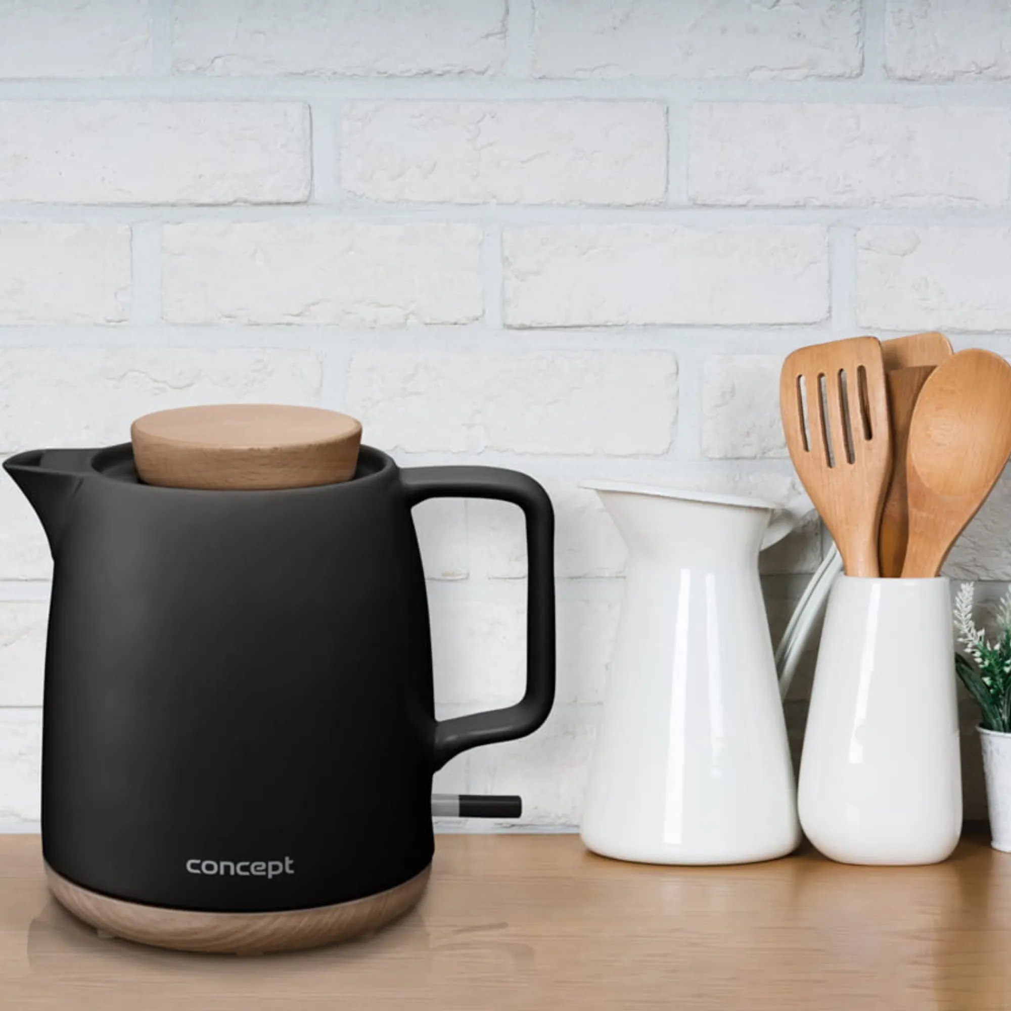 image czajnik, elektryczny, czarny, drewno, korpus ceramiczny