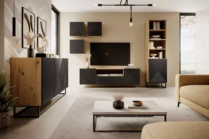 Regał ASHA 50 1D - czarny mat - dąb artisan - czarny stelaż- ryflowany front - B_149643