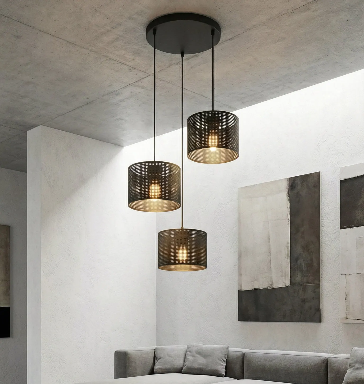 lampa wisząca, zawieszenie trzy lampy, metalowy abażur, kategoria: oświetlenie, kolor czarny