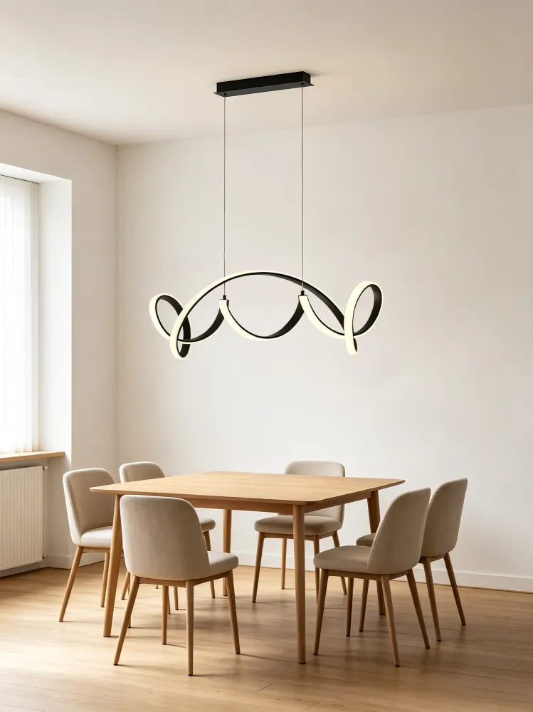 image lampa wiszaca, designowy plafon, kula wisząca, strefa jadalniana, stół drewniany