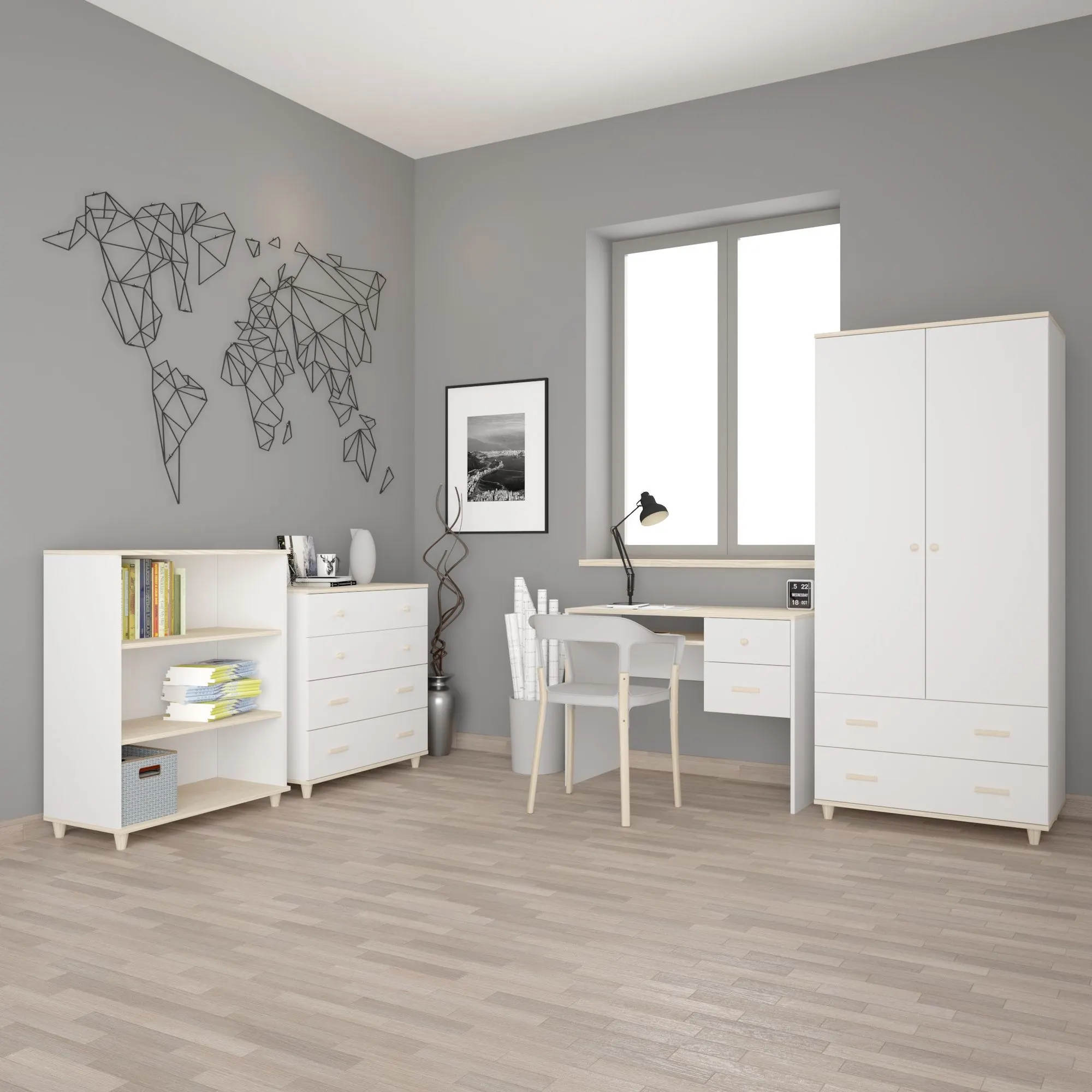 Biurko z 2 szufladami i półką GOODY 50x100 drewniane uchwyty biały akacja - INT_5002808