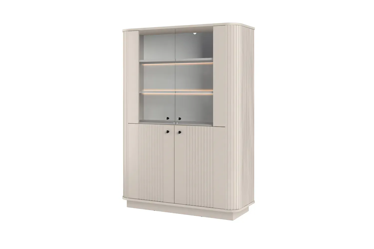 Witryna 4-drzwiowa VESPER z oświetleniem ryflowany front - cashmere czarne uchwyty cokół